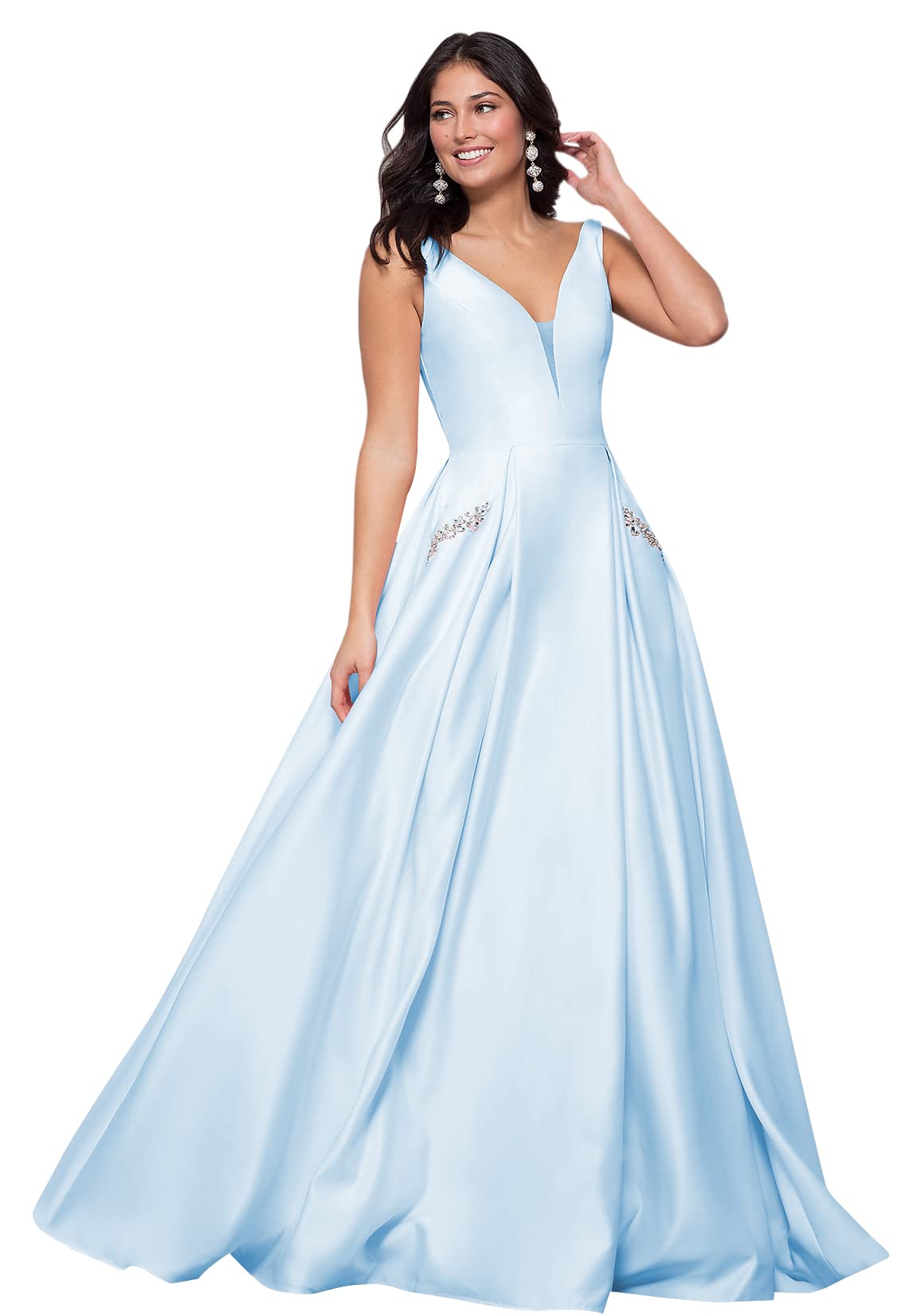Elegant Blush Pink Satin V-Neck Prom Dress with Pockets - Long Formal Evening Gown with Ruched Detail for Women | Perfect for Homecoming, Ball, Wedding & Special Occasions