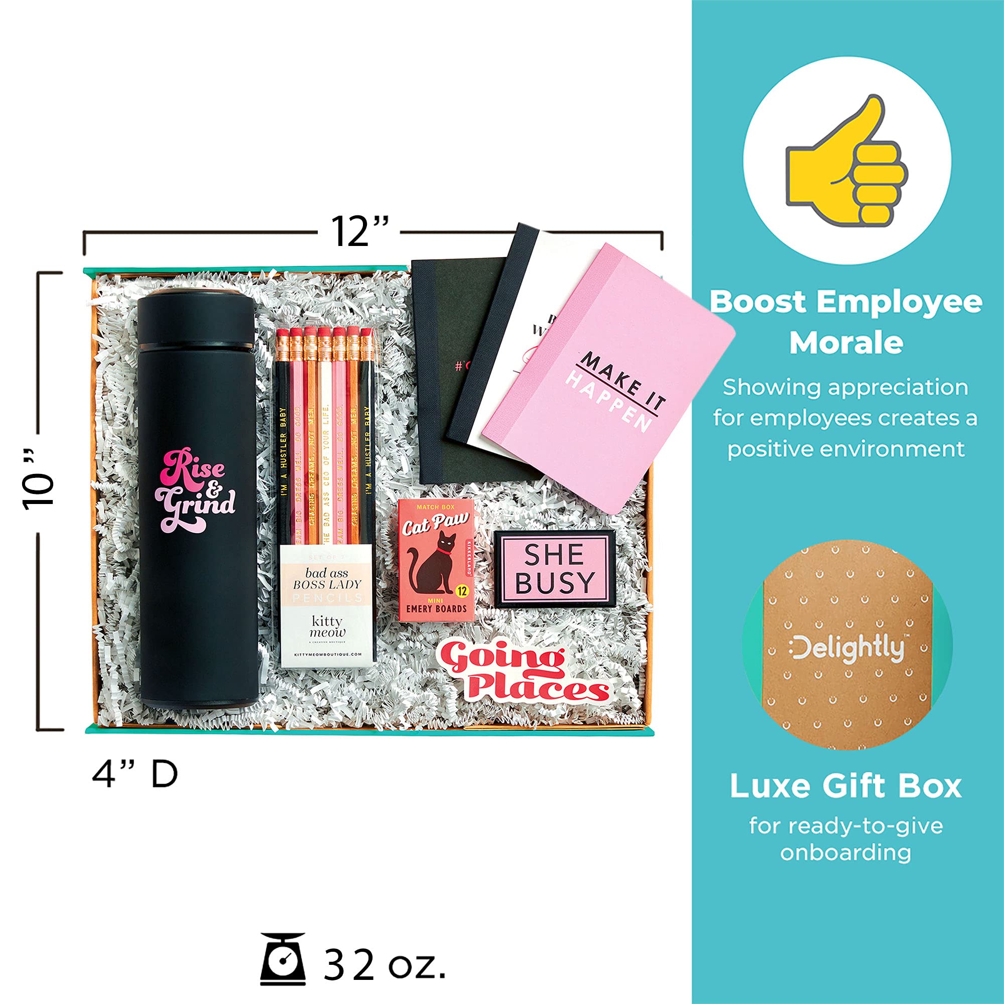 Delightly Boss Babe Kit - 14oz Tumbler, 3 Mini Notebooks, Pencil Set, Emery Boards, Magnet & Sticker - Perfect Office Gift for Women, Coworkers & Employee Appreciation - Great for Work, Motivation & Daily Inspiration