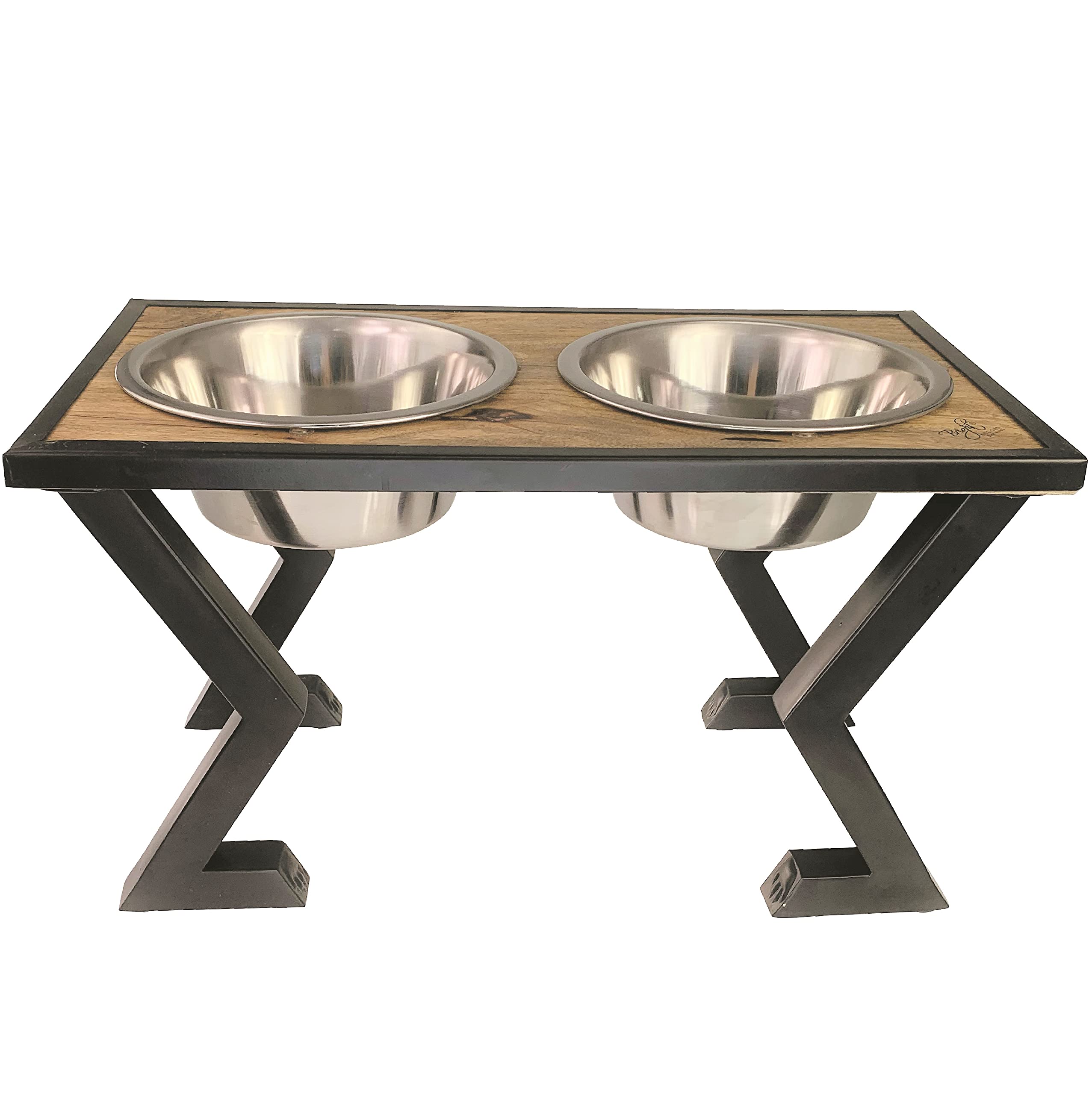 Elevated Dog Bowls for Large & Medium Dogs - 2 Stainless Steel Pet Food & Water Bowls with Mango Wood Top on Sturdy Black Metal Stand - Perfect for Dining Areas, Kitchens & Pet Feeding Stations