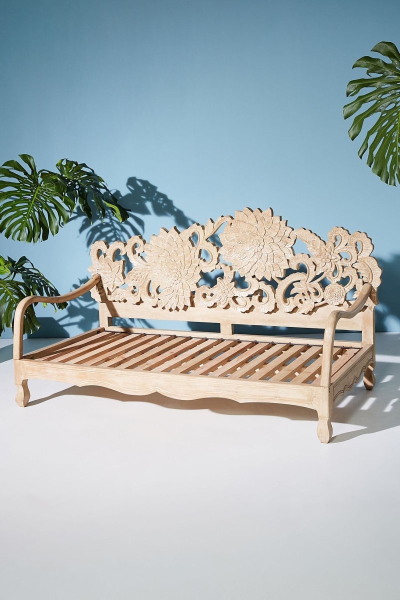 Hand Carved Wooden Lotus Daybed - Antique Design Sofa for Living Room, Bedroom & Outdoor Relaxation