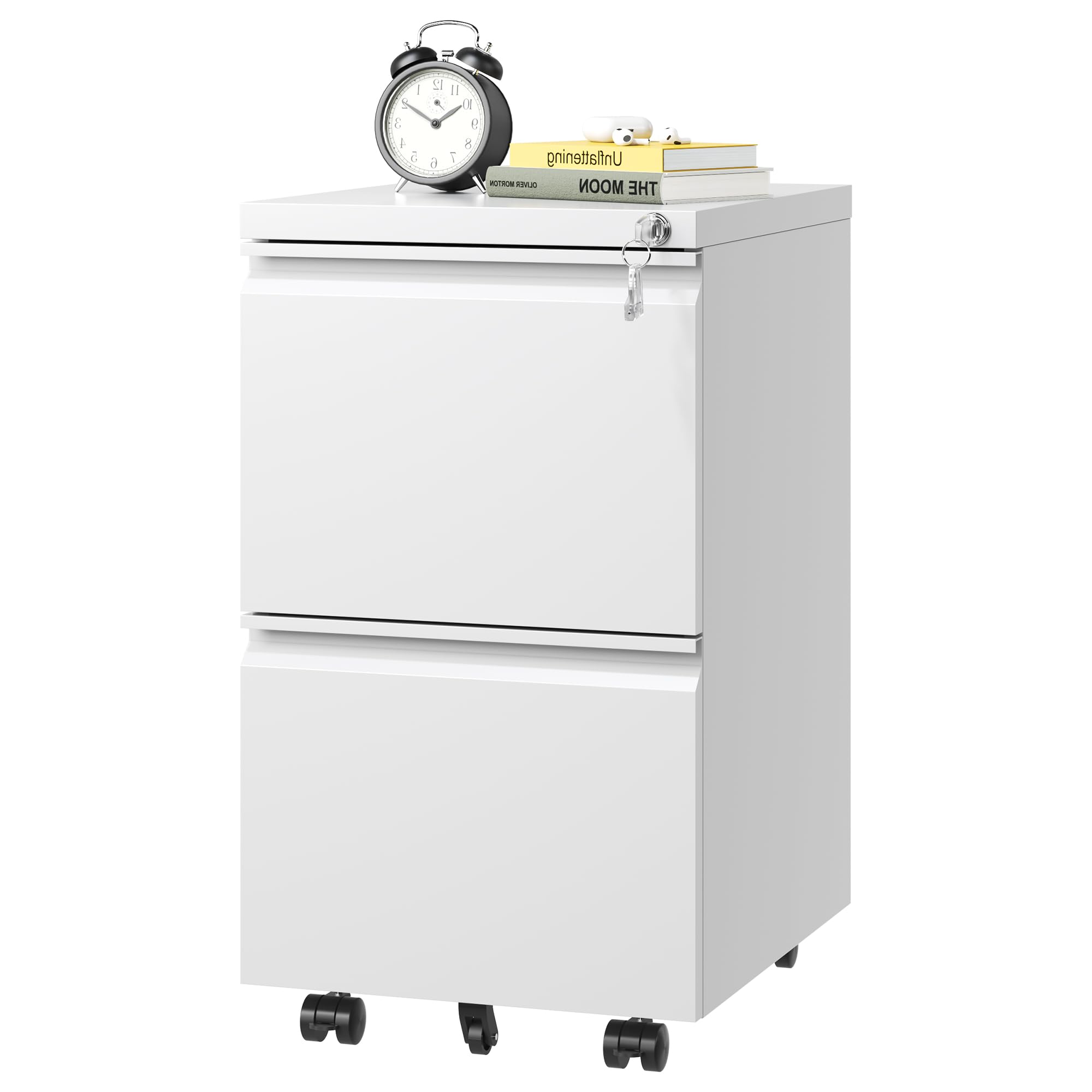 2-Drawer Mobile File Cabinet with Lock & Wheels - Small Vertical Under Desk Steel Rolling Cabinet for Home Office - Organize Legal/Letter/A4 Files (White) - Perfect for Office Storage & Home Organization