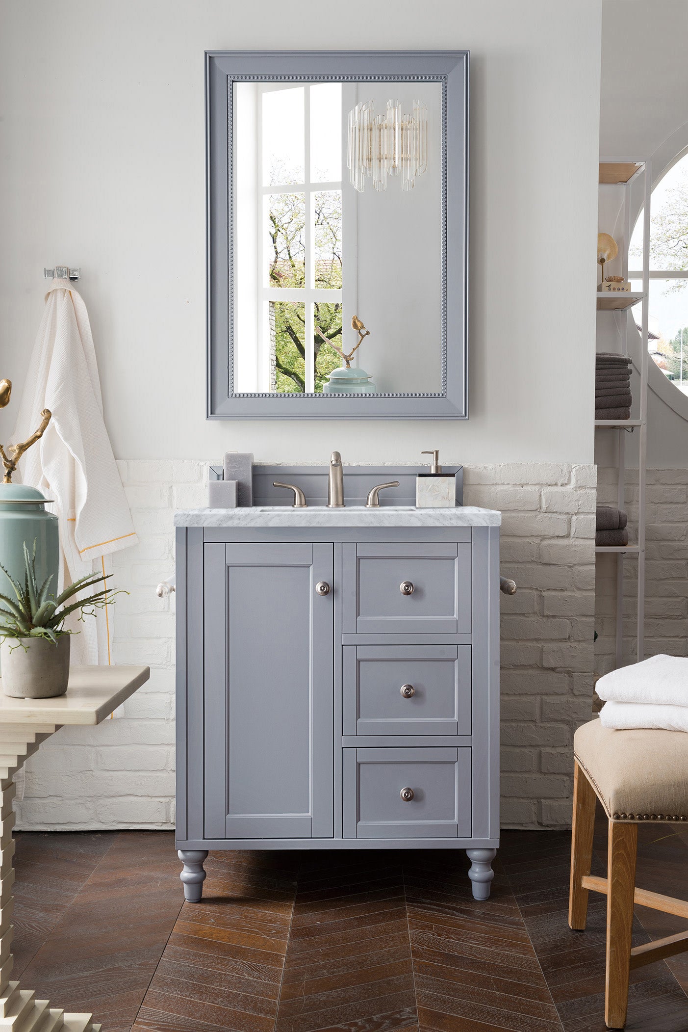 Copper Cove Encore 30 Inch Single Bathroom Vanity with Carrara Marble Top in Silver Gray - Perfect for Modern Master Bathrooms and Powder Rooms