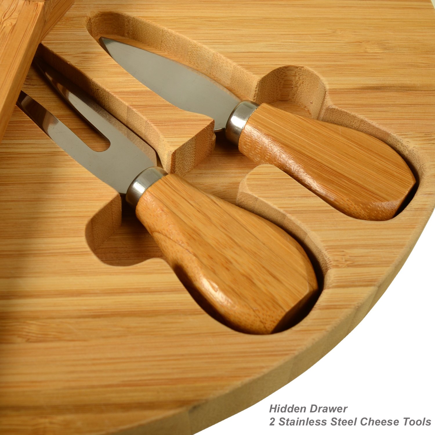 Personalized Monogrammed Bamboo Cheese & Charcuterie Board Set with Engraved Design - Includes Cheese Knives - Handcrafted in USA - Perfect for Picnics, Dinner Parties & Gift Giving