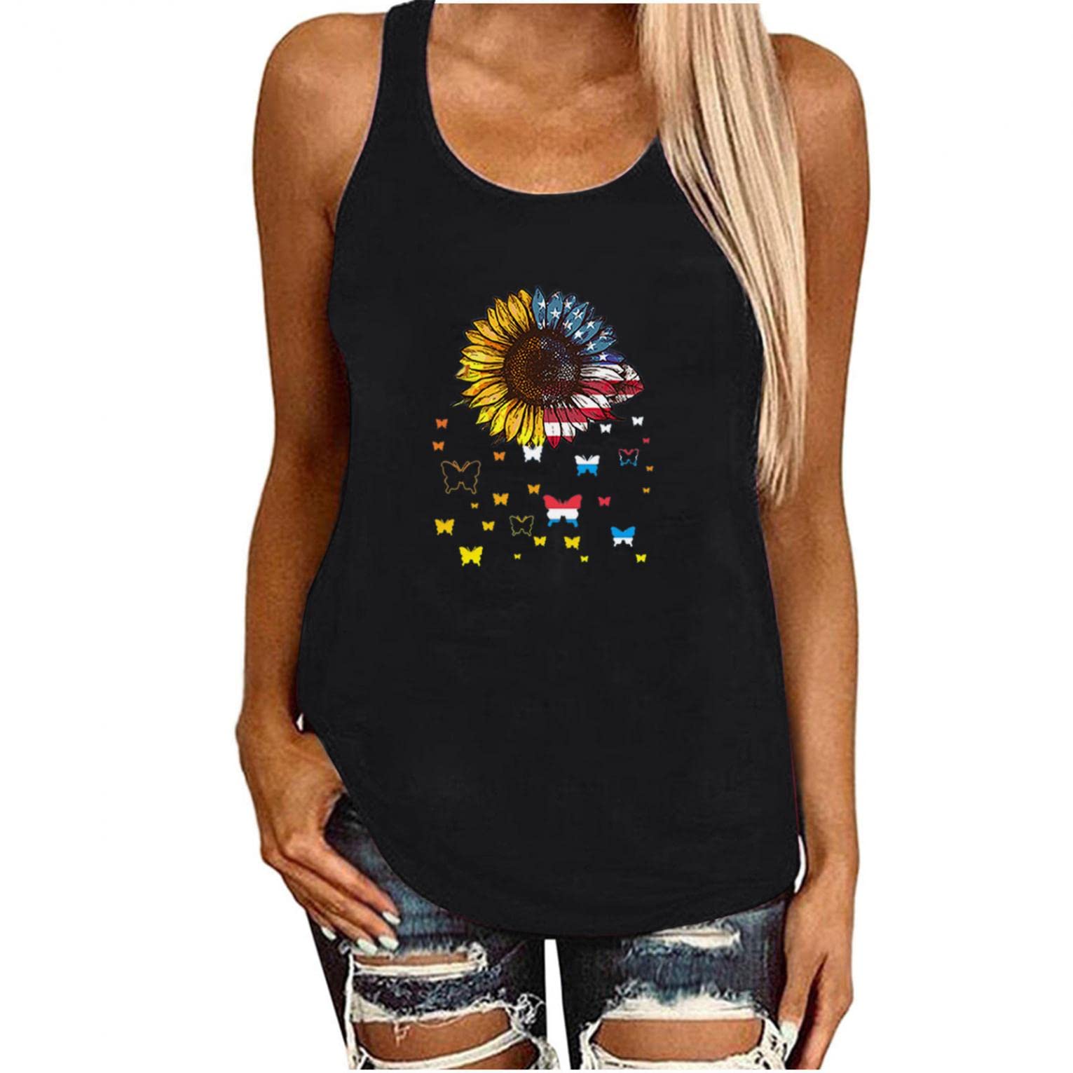 Women's Sunflower Print Tunic Tank Top - Round Neck Sleeveless Casual Blouse for Summer Outfits, Beach Wear & Vacation Style
