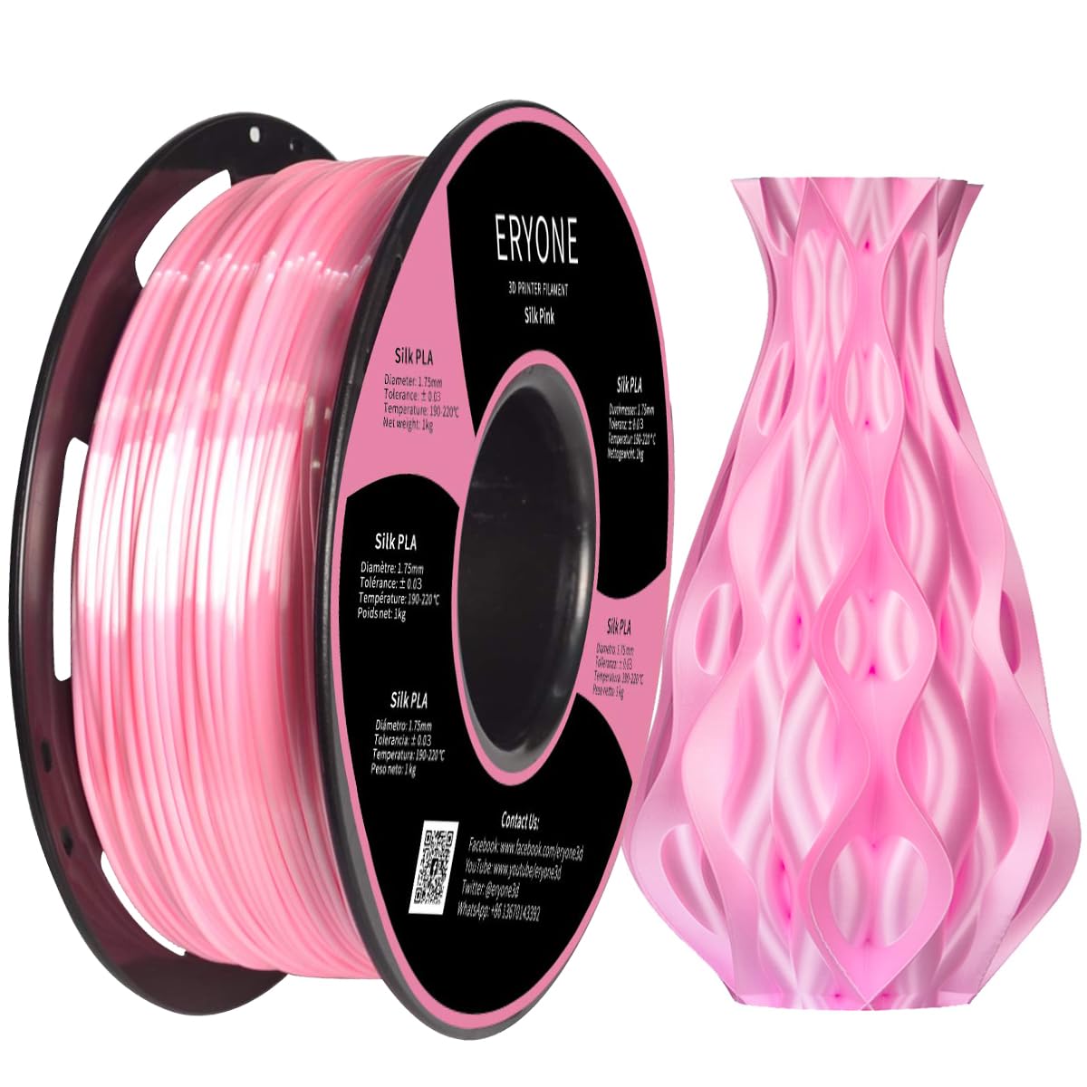 ERYONE Silk PLA Filament 1.75mm for 3D Printing - 1kg (2.2lbs) Spool, High Precision +/-0.03mm, Vibrant Silk Pink - Perfect for Cosplay Props, Home Decor & Artistic Creations
