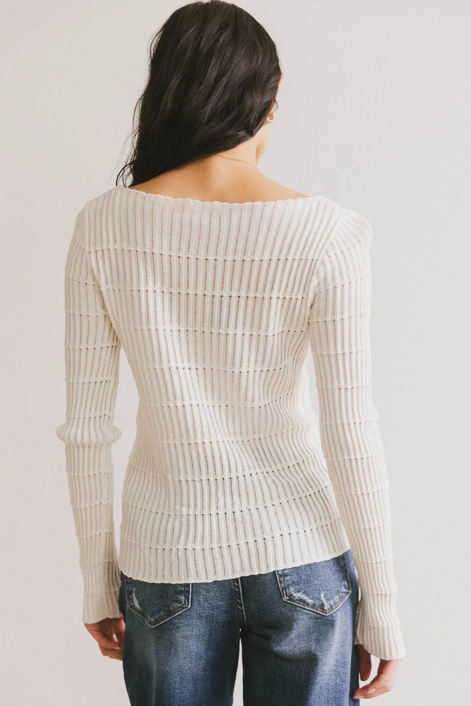 Gemma Sheer Ribbed Top - Women's White Stretch Knit Blouse for Casual Wear & Layering | FINAL SALE