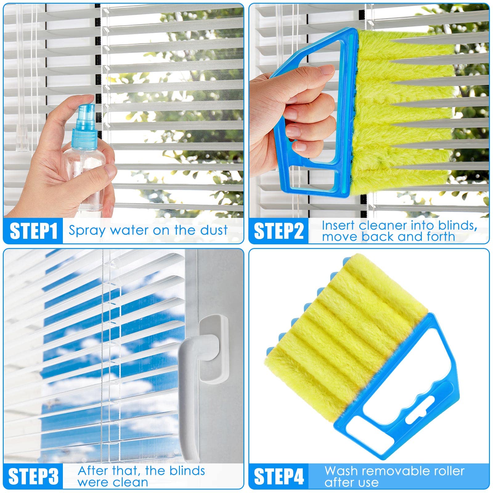 Geiserailie 2 Pack Washable Microfiber Blind Cleaner Duster - 7 Finger Dusting Tool for Window Blinds, Venetian Shades, Air Conditioner Vents & Wood Slats - Reusable Handheld Brush for Dust & Dirt Removal (Blue & Green) - Perfect for Home, Office & Car Cleaning