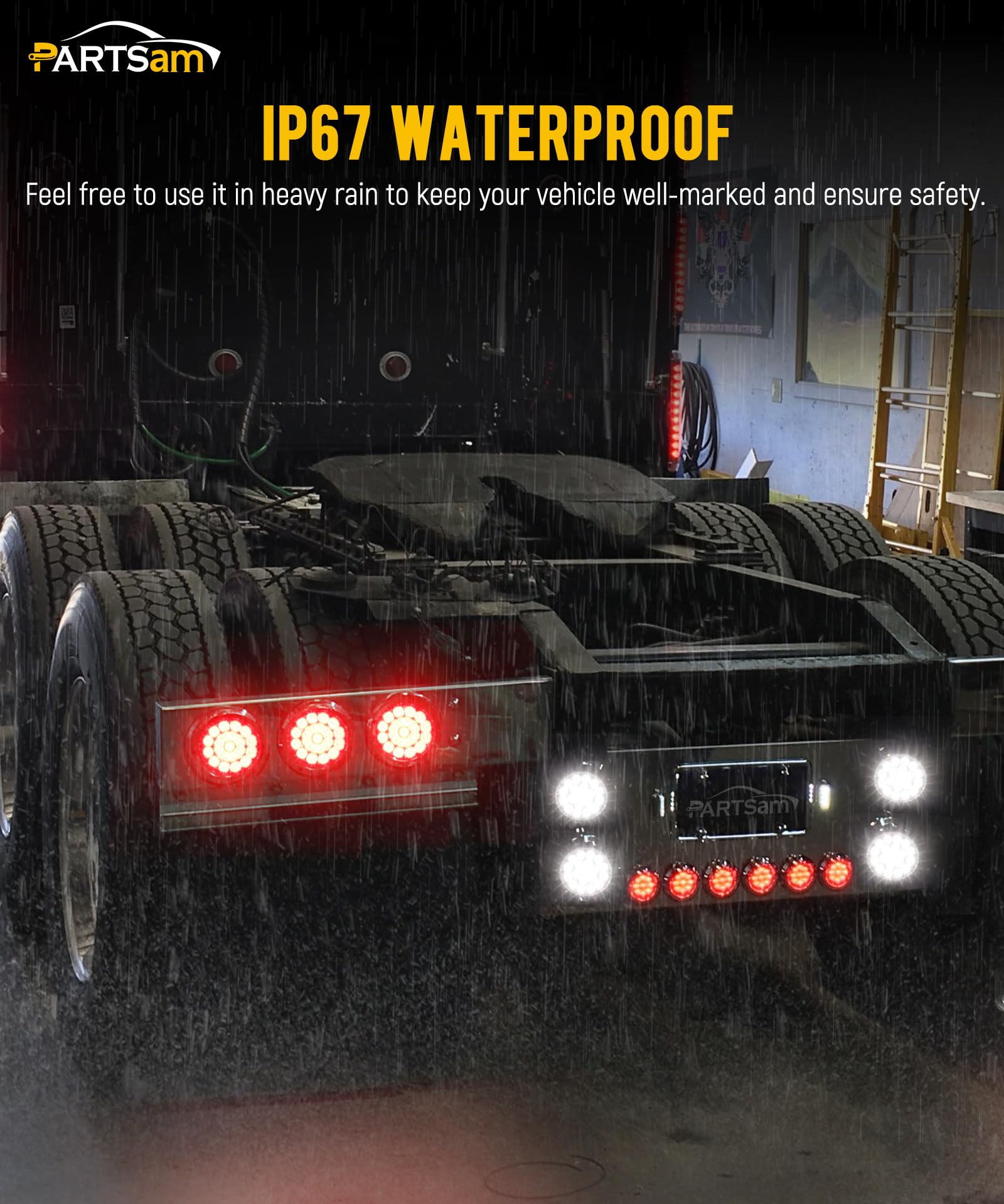 Partsam 2Pcs 4 Inch Round Red LED Stop Turn Tail Lights & White Backup Lights Kit - 19 Diodes with Rubber Grommets & 3-Prong Wire Pigtails - Waterproof LED Truck Trailer Lights for Heavy Duty Vehicles, RVs, Boats & Trailers - Perfect for Replacement & Custom Builds