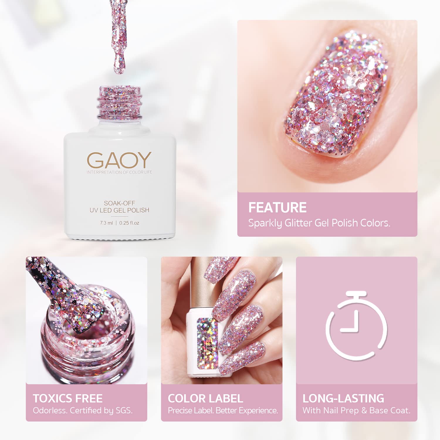 GAOY Glitter Inspire Gel Polish Kit Set - 6 Colors UV LED Soak Off Nail Polish (Pink Nude Included) for Home DIY Manicure & Salon Use | Long Lasting Shine for Parties, Weddings & Special Occasions