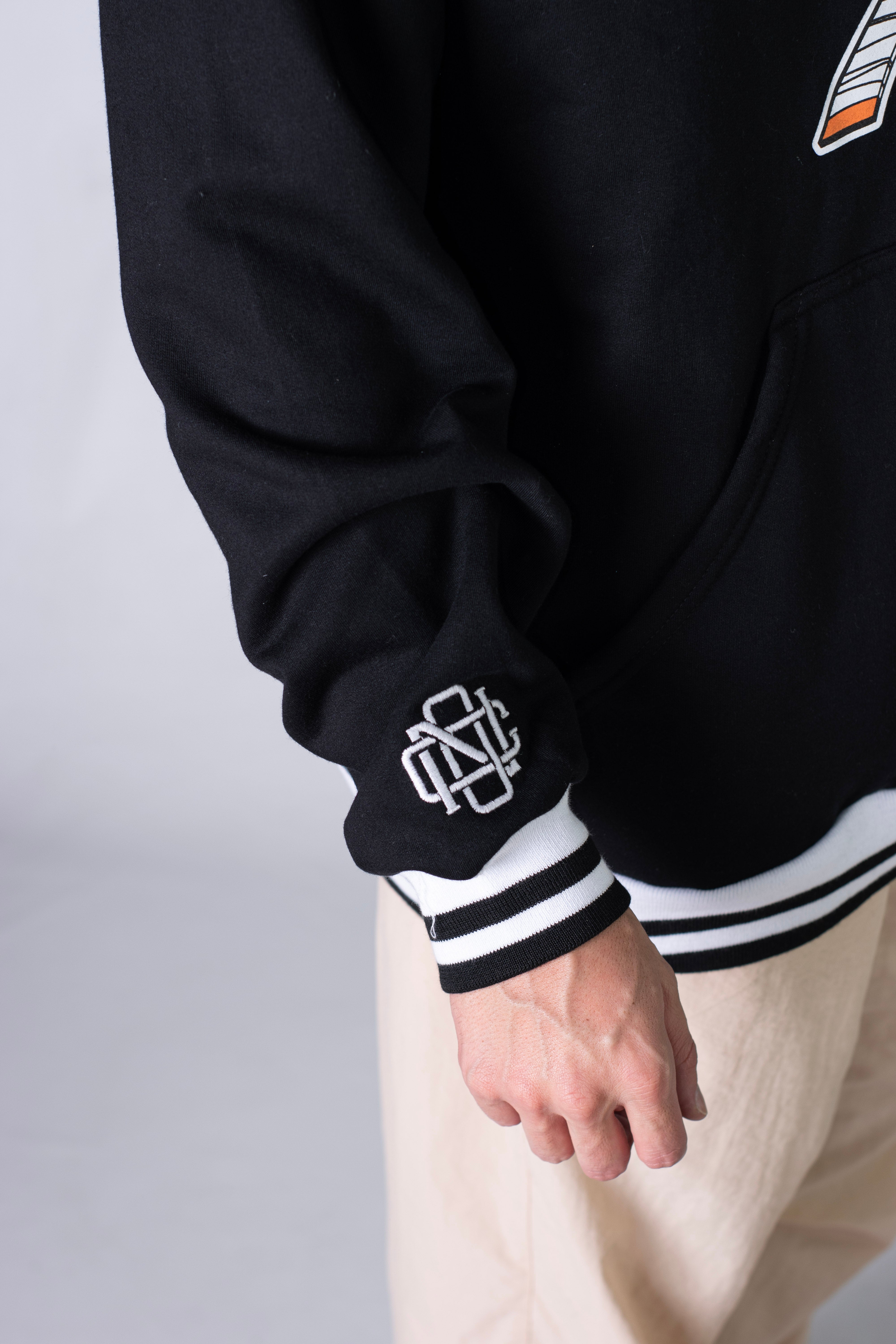 Ocn Grid Black Hoodie with Kangaroo Pocket - Men's Casual Pullover for Streetwear & Outdoor Activities