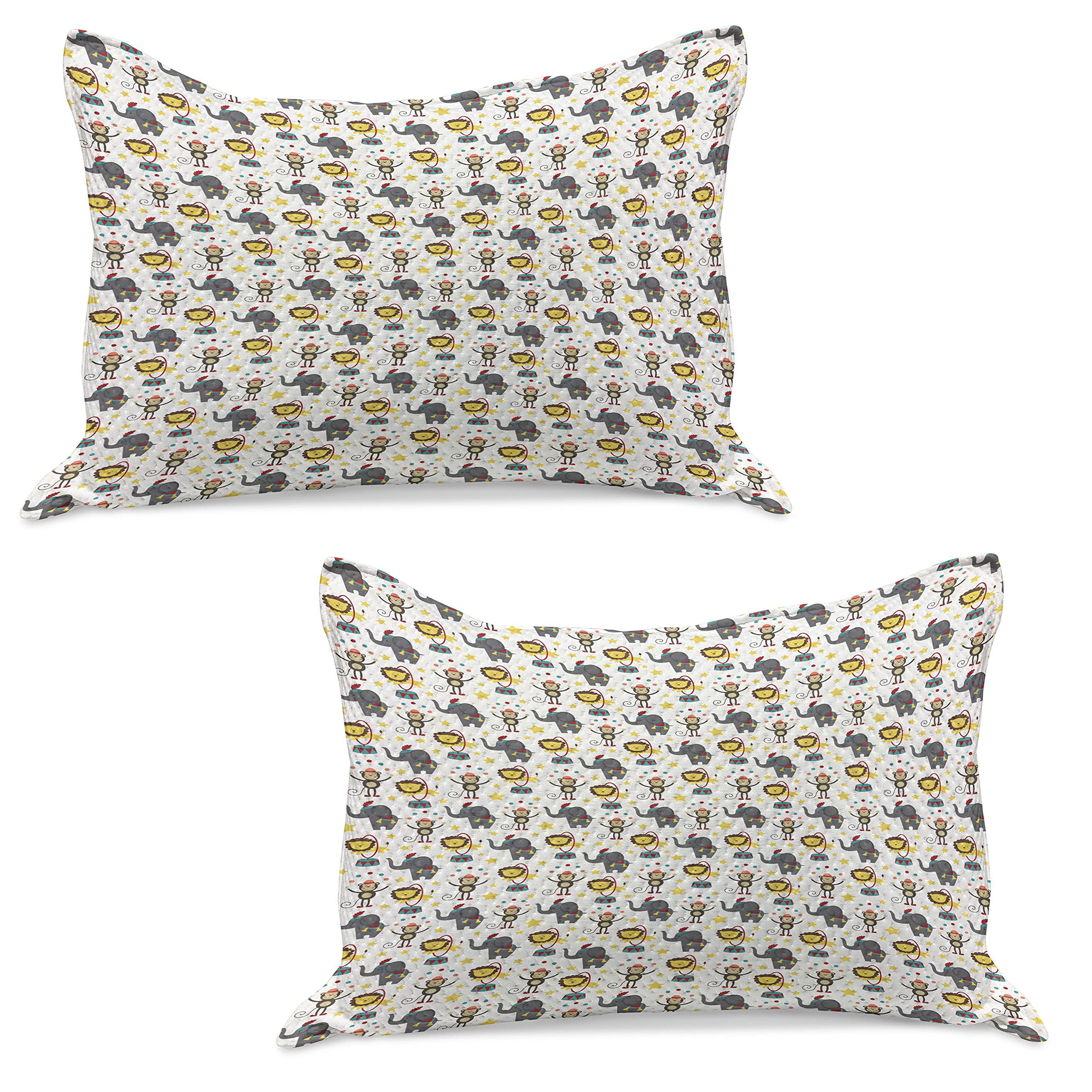 Ambesonne 2-Pack Cartoon Quilted Pillow Covers - Happy Circus Animals Performing with Stars Backdrop, Standard King Size 36