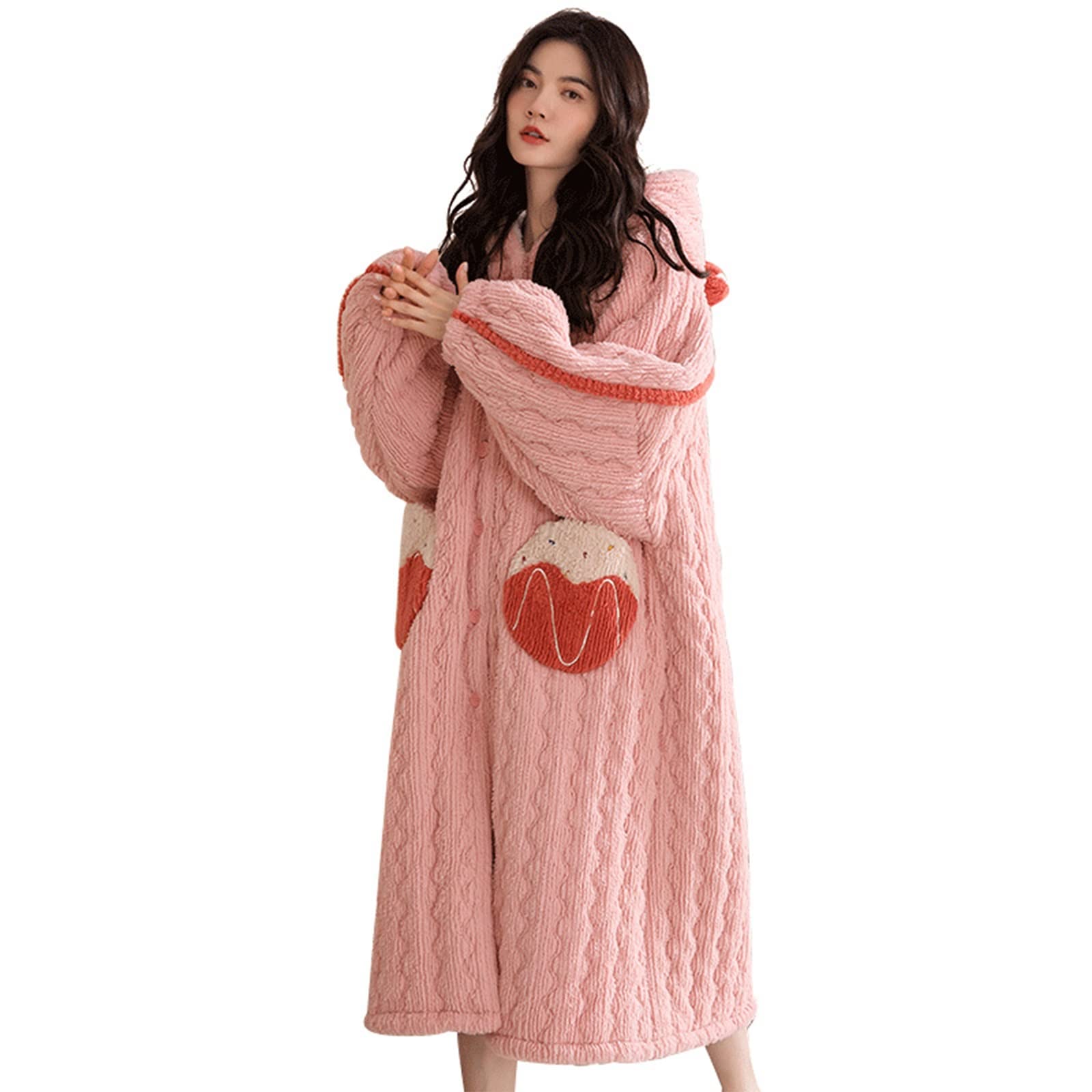 GHYUB Plush Soft Fleece Bathrobe - Luxurious Hooded 3-Layer Nightgown for Women, Winter Coral Velvet Thickened Robe (Pink, Large) | Cozy Loungewear for Spa, Home & Winter Relaxation