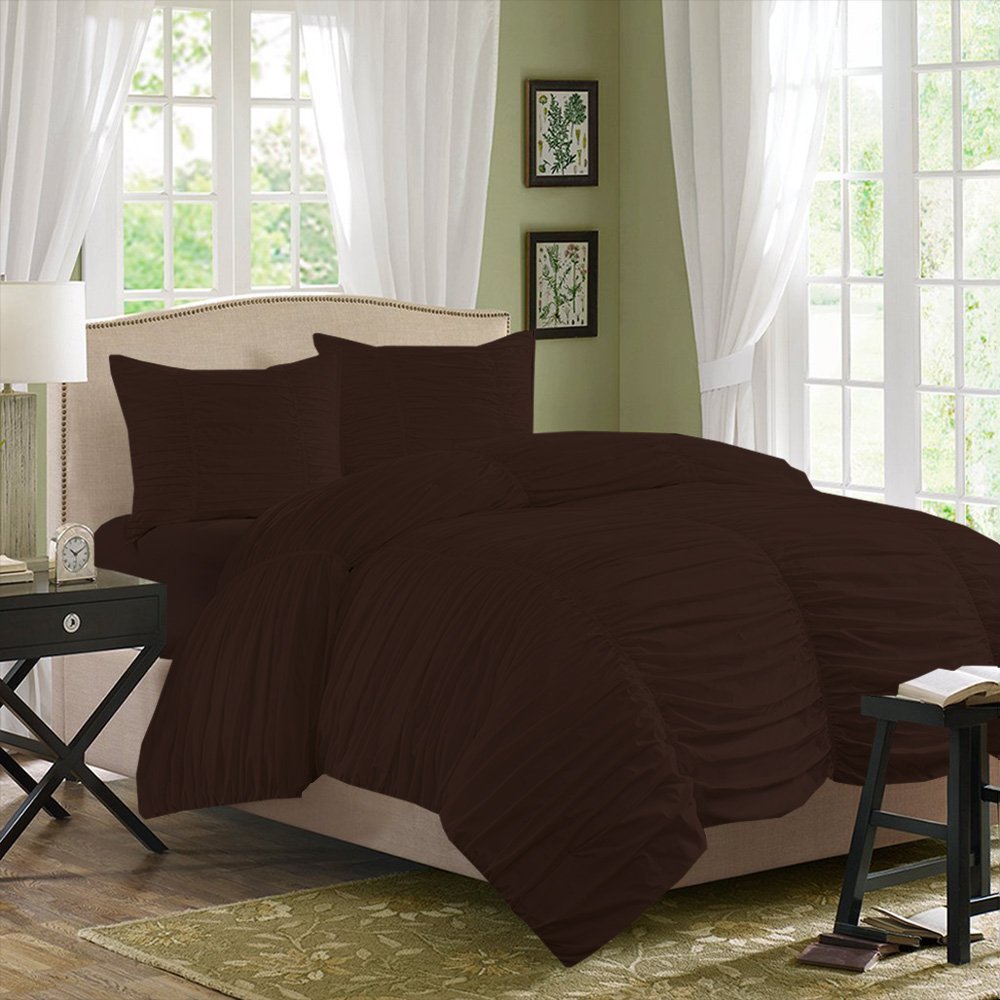 Premium 3-Piece Gathered Duvet Cover Set - 100% Egyptian Cotton 800 Thread Count - Twin XL Chocolate Brown - Luxury Bedding for Master Bedroom & Guest Room