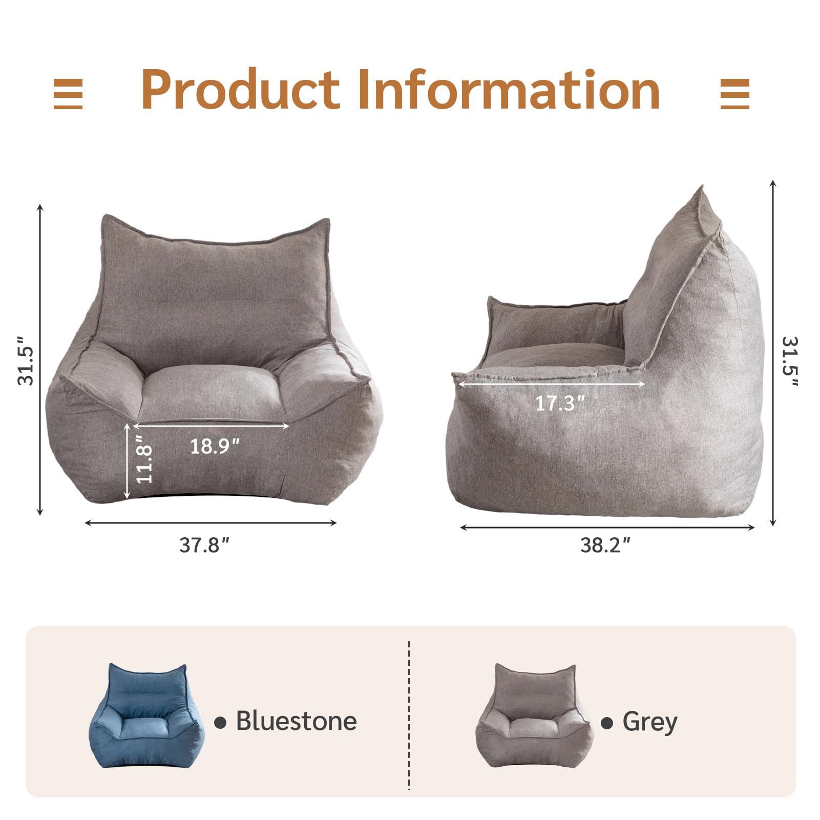 MAXYOYO Extra Large Bean Bag Chair with Armrests - Oversized Memory Foam Bean Bag Sofa for Adults & Teens, Grey - Perfect for Living Room, Bedroom, Game Room & Dorm Relaxation