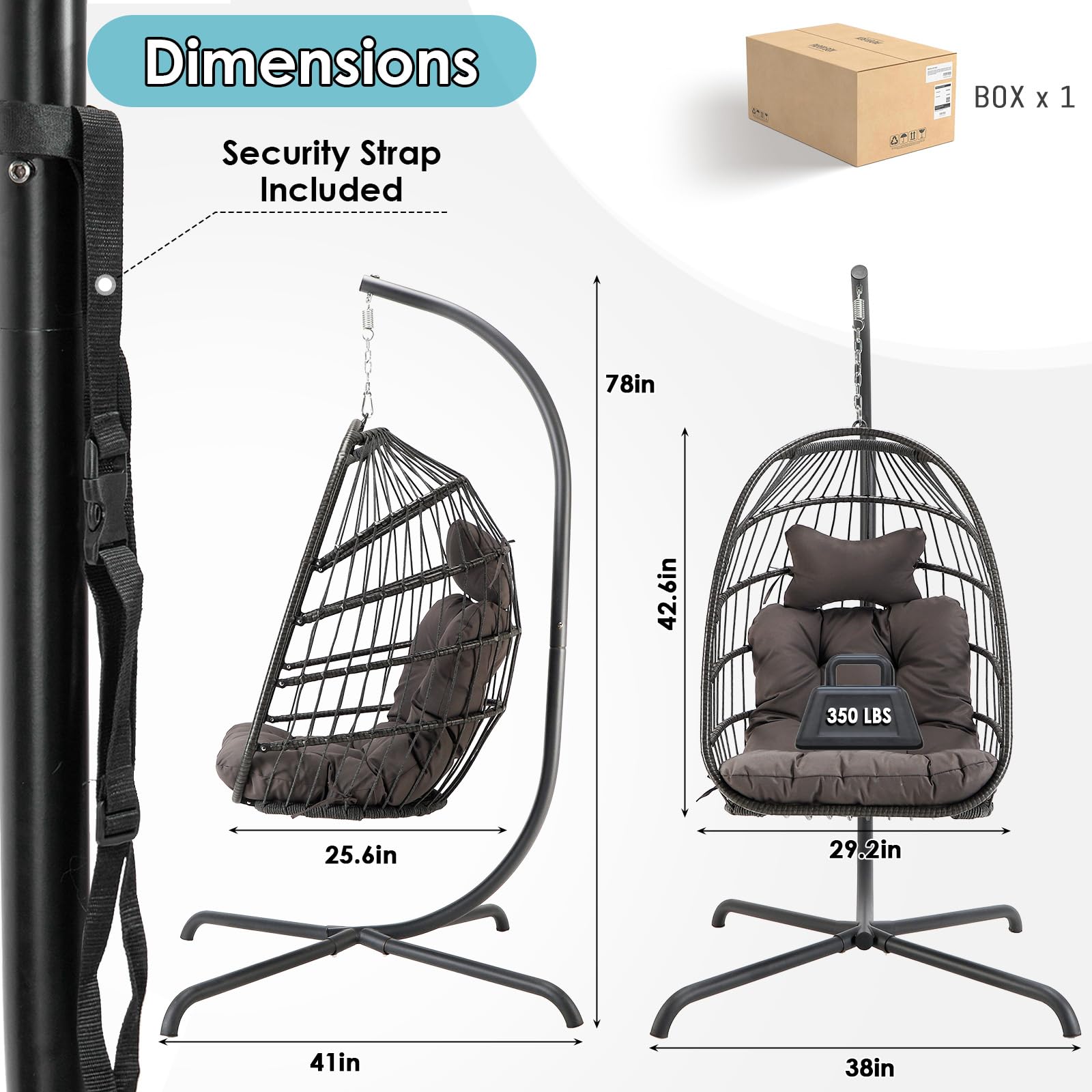 Hanging Egg Chair with Stand - Outdoor Swinging Chair with Water Resistant Cushions - Foldable Wicker Basket Chair for Patio, Garden, Balcony & Indoor Use - 350lb Weight Capacity (Dark Grey with Protective Cover) - Perfect for Relaxing, Reading & Lounging in Backyard or Sunroom