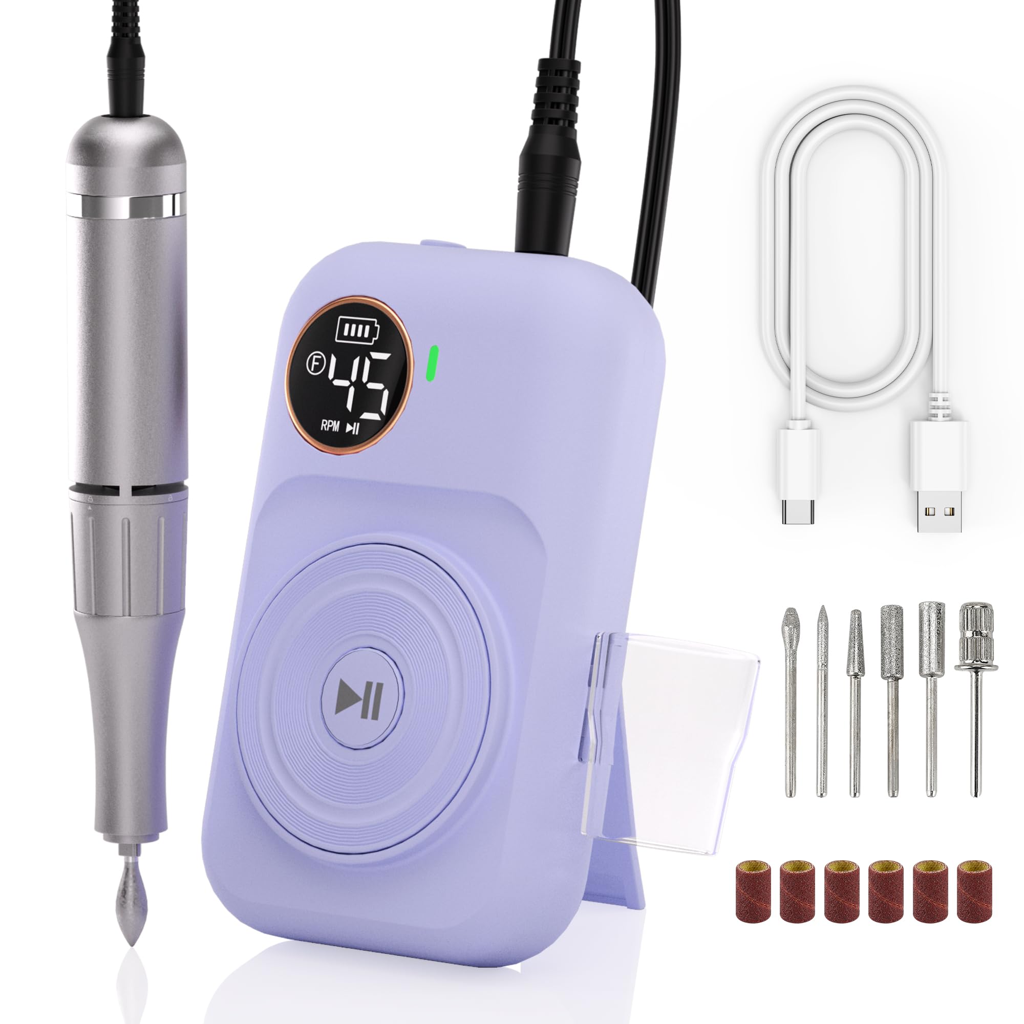 Professional Electric Nail Drill Kit - Low Noise, Low Heat & Vibration, 6 Drill Bits & Sanding Bands - Perfect for DIY Home Manicure, Salon Pedicures & Acrylic Nail Art (Purple)