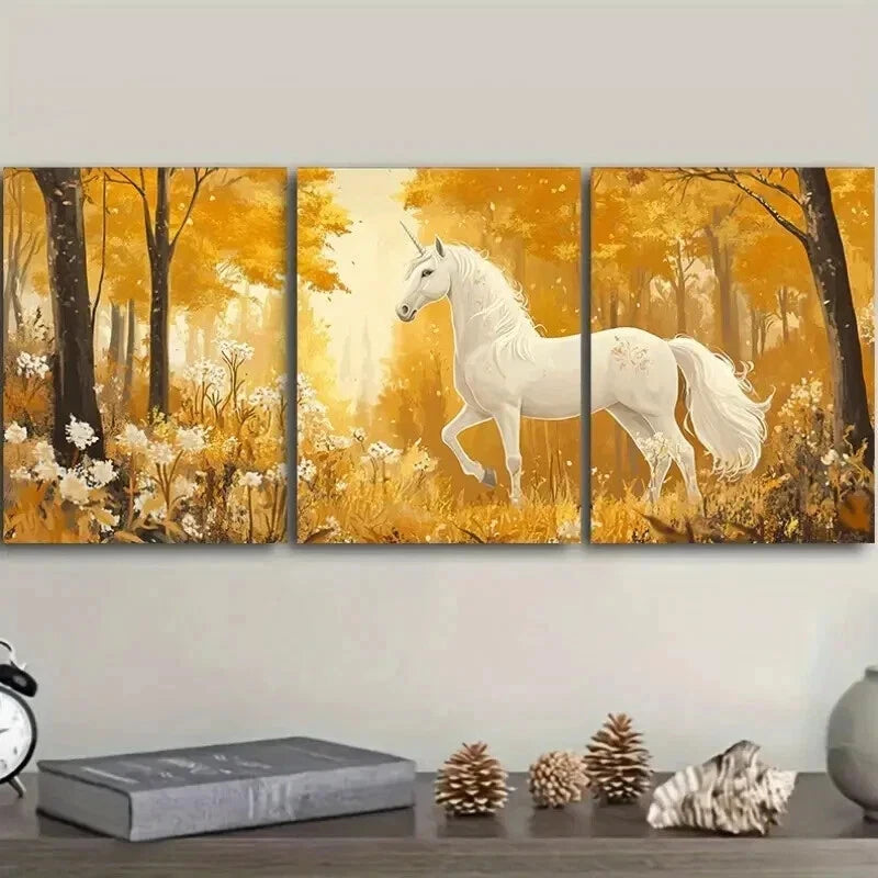3-Piece White Unicorn in Enchanted Forest Wall Art Set - 50x70cm Framed Canvas Prints | High-Quality Australian-Made Home Decor | Perfect for Nursery, Kids Room & Fantasy Themed Spaces