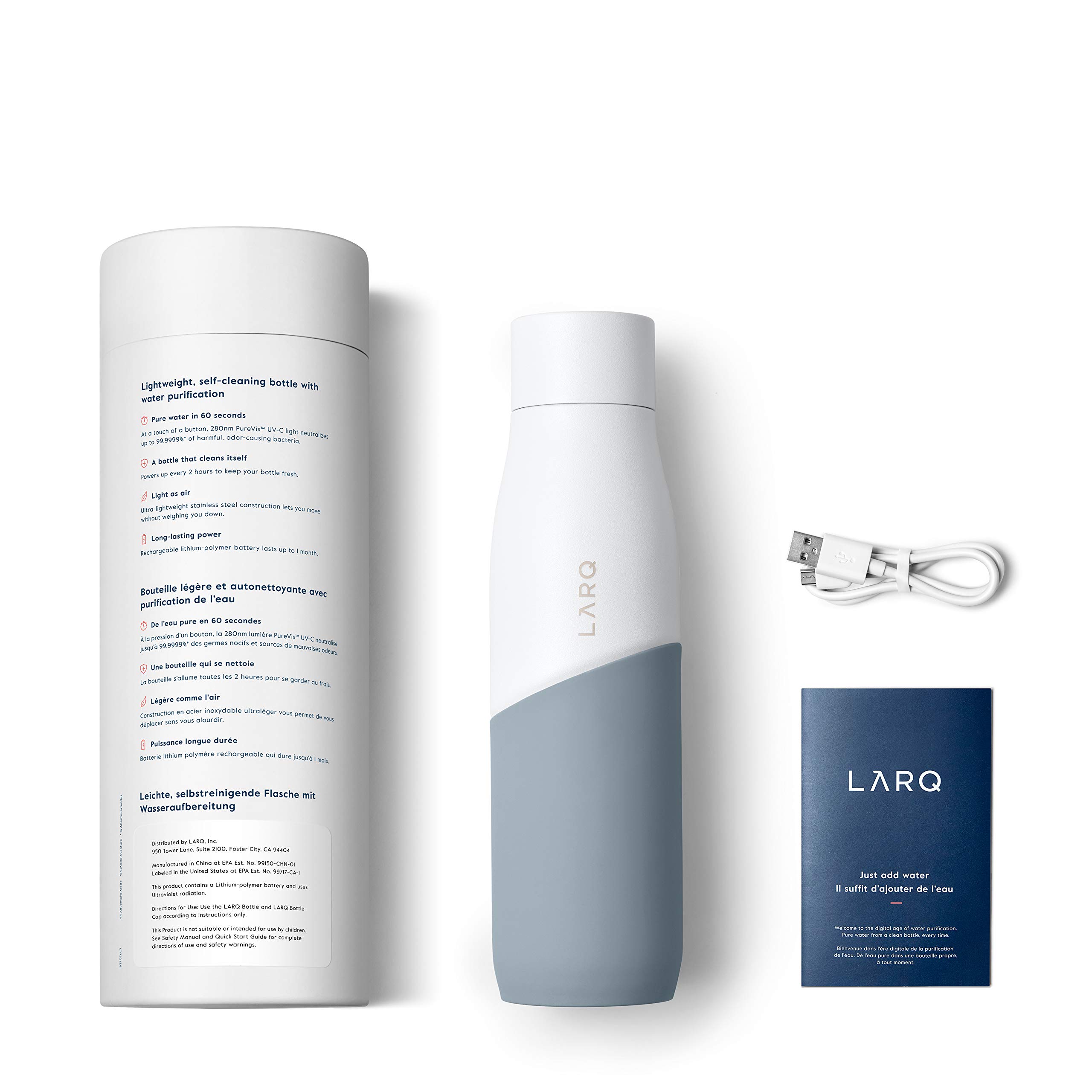 LARQ Bottle Movement PureVis 32 oz - Lightweight Self-Cleaning Stainless Steel Water Bottle with UV Water Purifier | Reusable, Travel Friendly, Non-Insulated | Perfect for Hiking, Gym & Outdoor Activities | 1-Year Warranty, White/Pebble