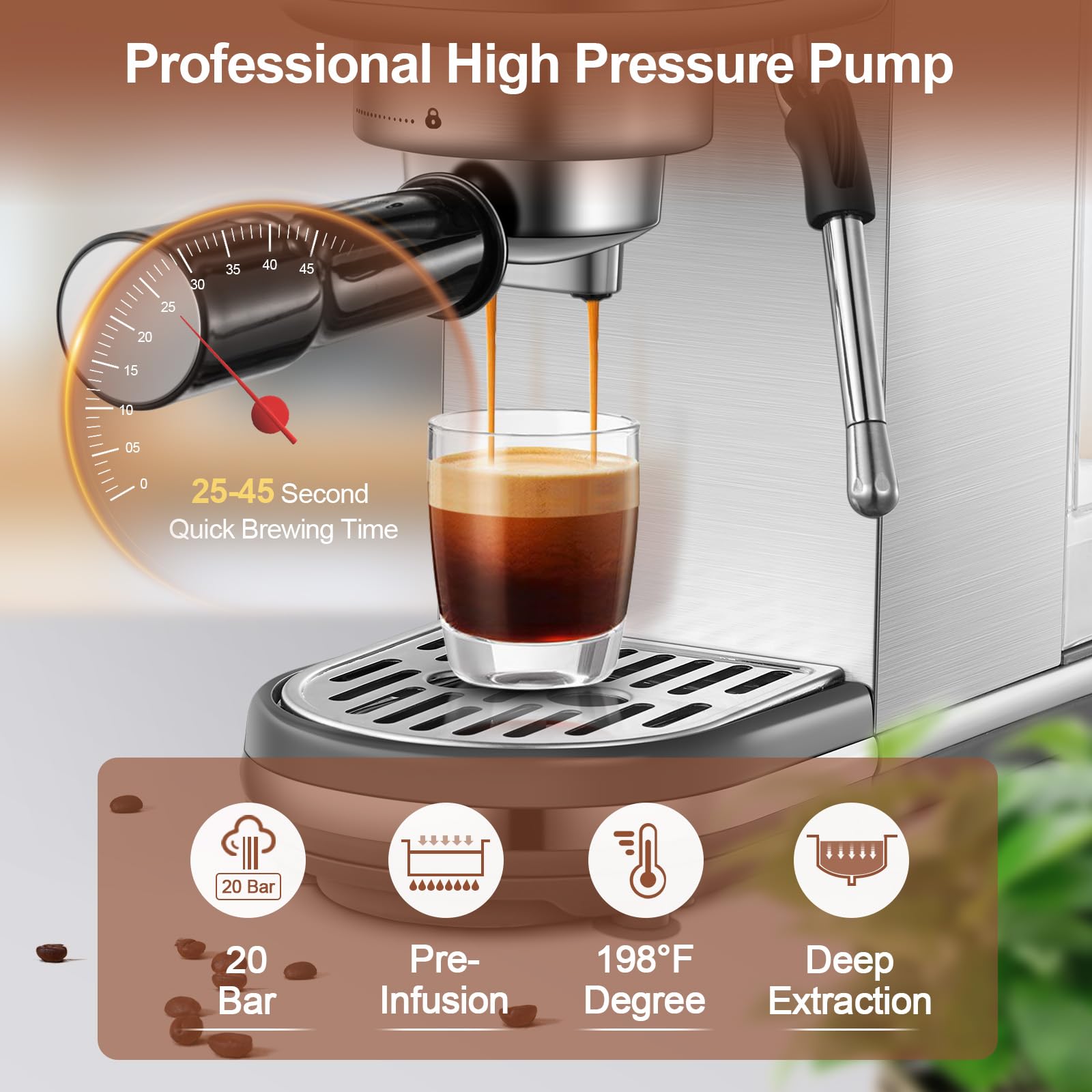 20 Bar Professional Espresso Coffee Maker for Home - Stainless Steel Cappuccino & Latte Machine with 40oz Detachable Water Tank, 1350W - Perfect for Coffee Shops, Offices & Home Baristas