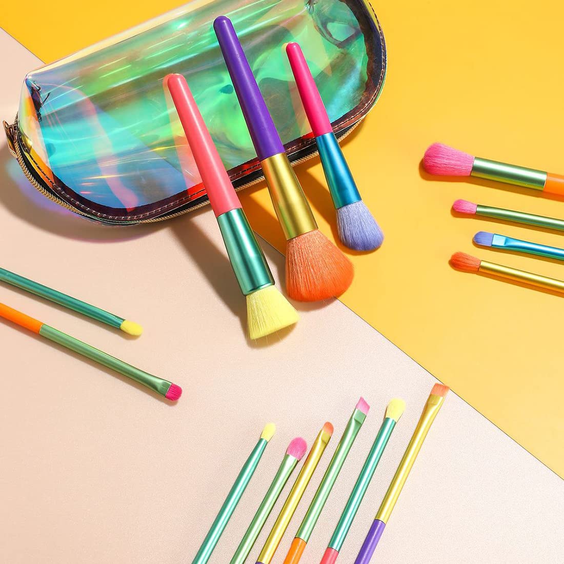 15-Piece Premium Synthetic Rainbow Makeup Brush Set - Professional Kabuki, Face Powder, Blush & Foundation Brushes with Travel Case | Perfect for Makeup Artists & Beginners (Colorful Cosmetic Brush Kit) - Ideal for Home, Travel & Professional Makeup Application