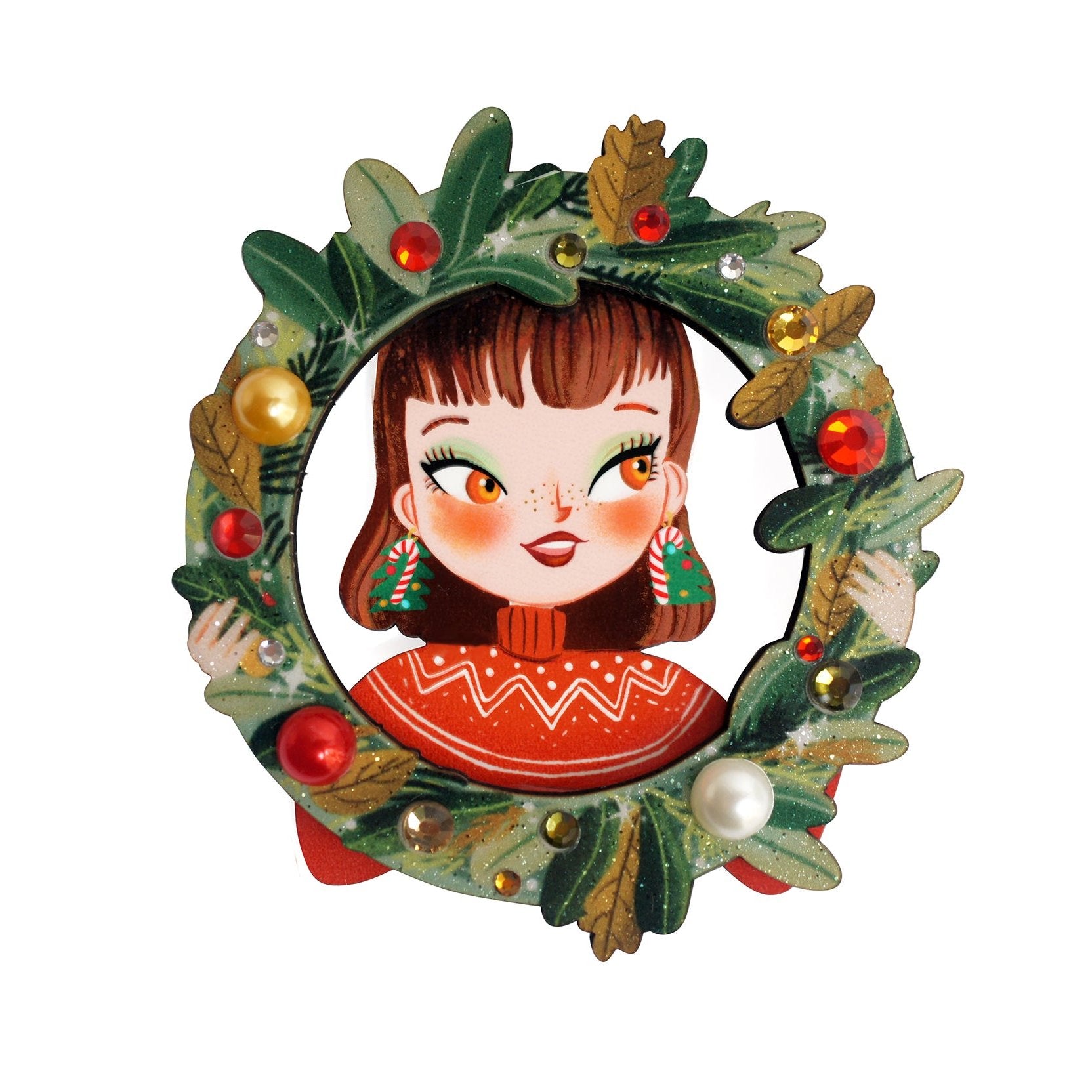 Laliblue Christmas Girl Brooch with Wreath Design - Festive Holiday Pin for Women's Coats, Scarves & Gift Giving