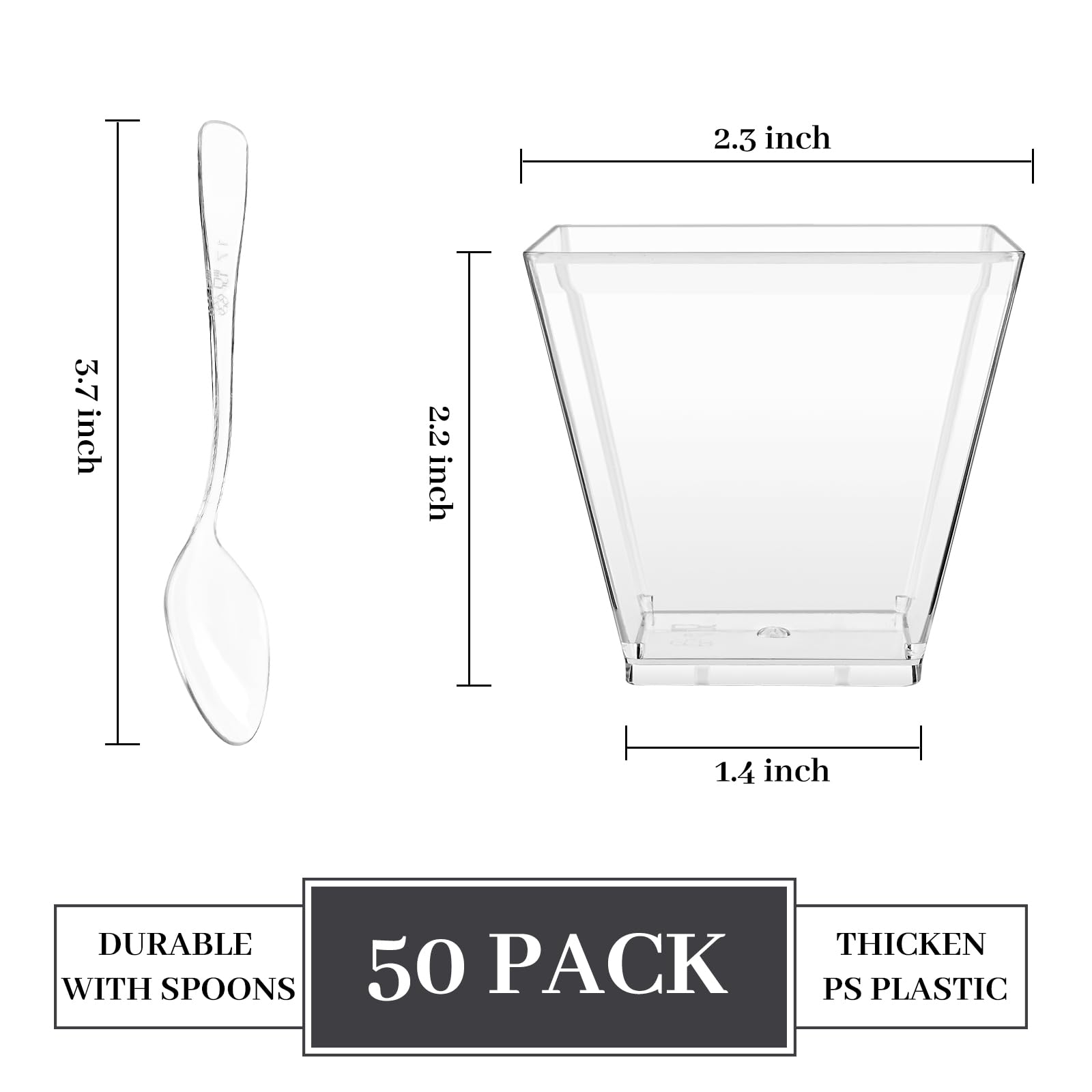 TOFLEN 50 Pack 3.5 oz Plastic Dessert Cups with Spoons - Mini Square Disposable Containers for Yogurt, Parfait, Pudding, Jello, Appetizers & Party Dessert Shooters - Perfect for Catering, Birthday Parties, Baby Showers & Wedding Receptions
