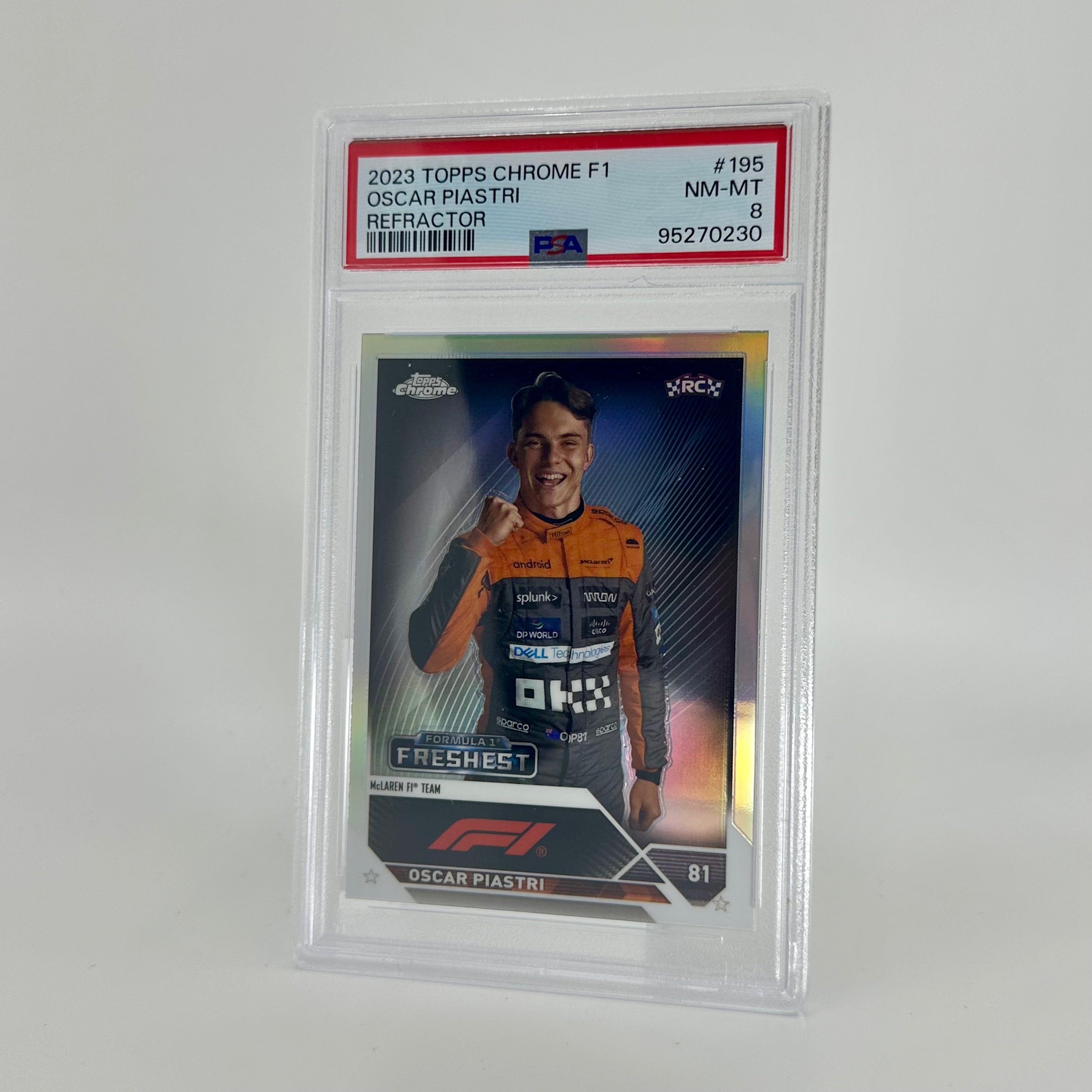 2023 Topps Chrome F1 Oscar Piastri #195 Refractor Rookie Card PSA 8 - Perfect for F1 Collectors, Racing Fans, and Sports Memorabilia Enthusiasts