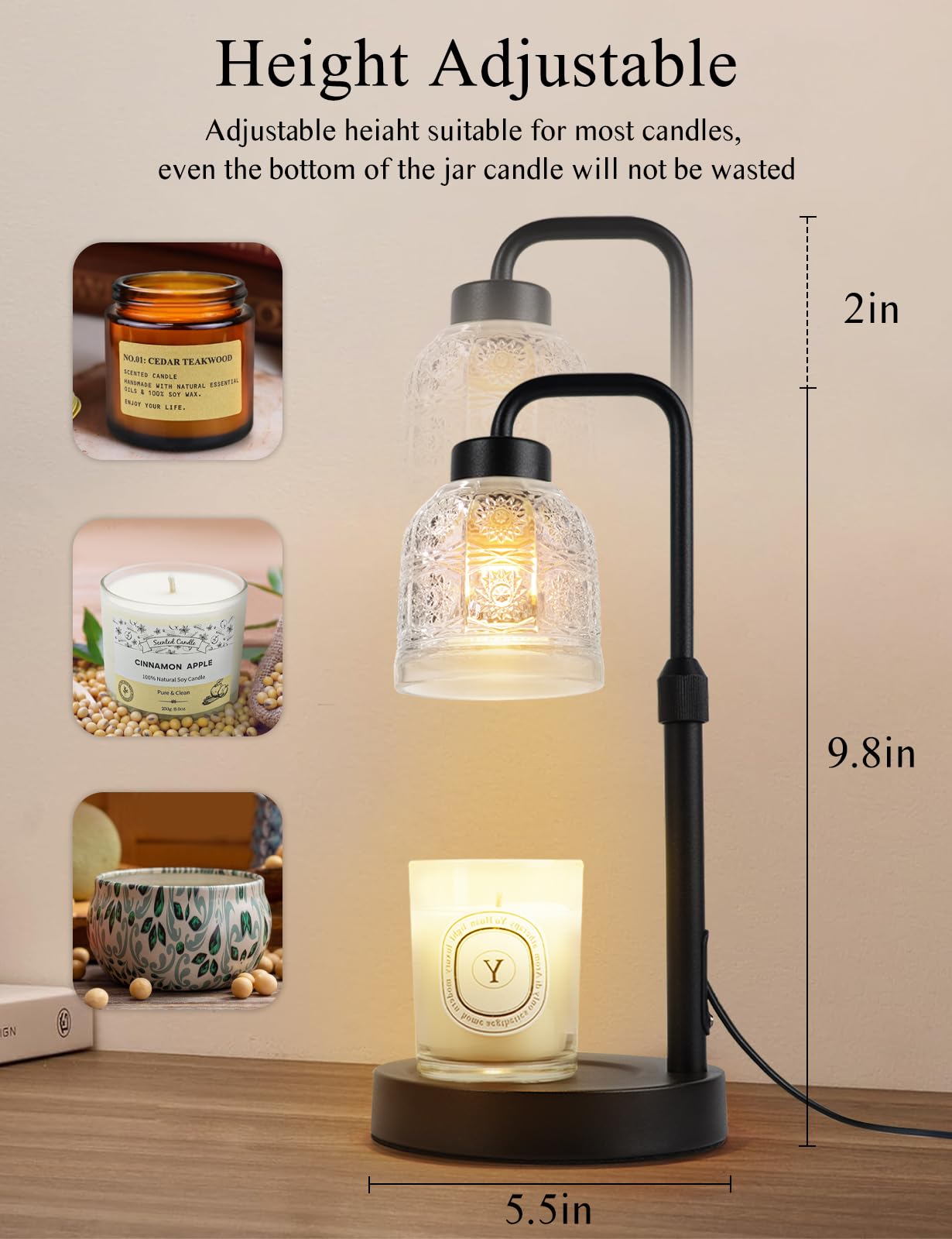 Dimmable Candle Warmer Lamp with Timer & Adjustable Height - Wax Melt Warmer for Scented Jar Candles - Includes 2 Bulbs - Perfect Gift for Women, Mom & Friends - Ideal for Home, Office, Spa & Relaxation