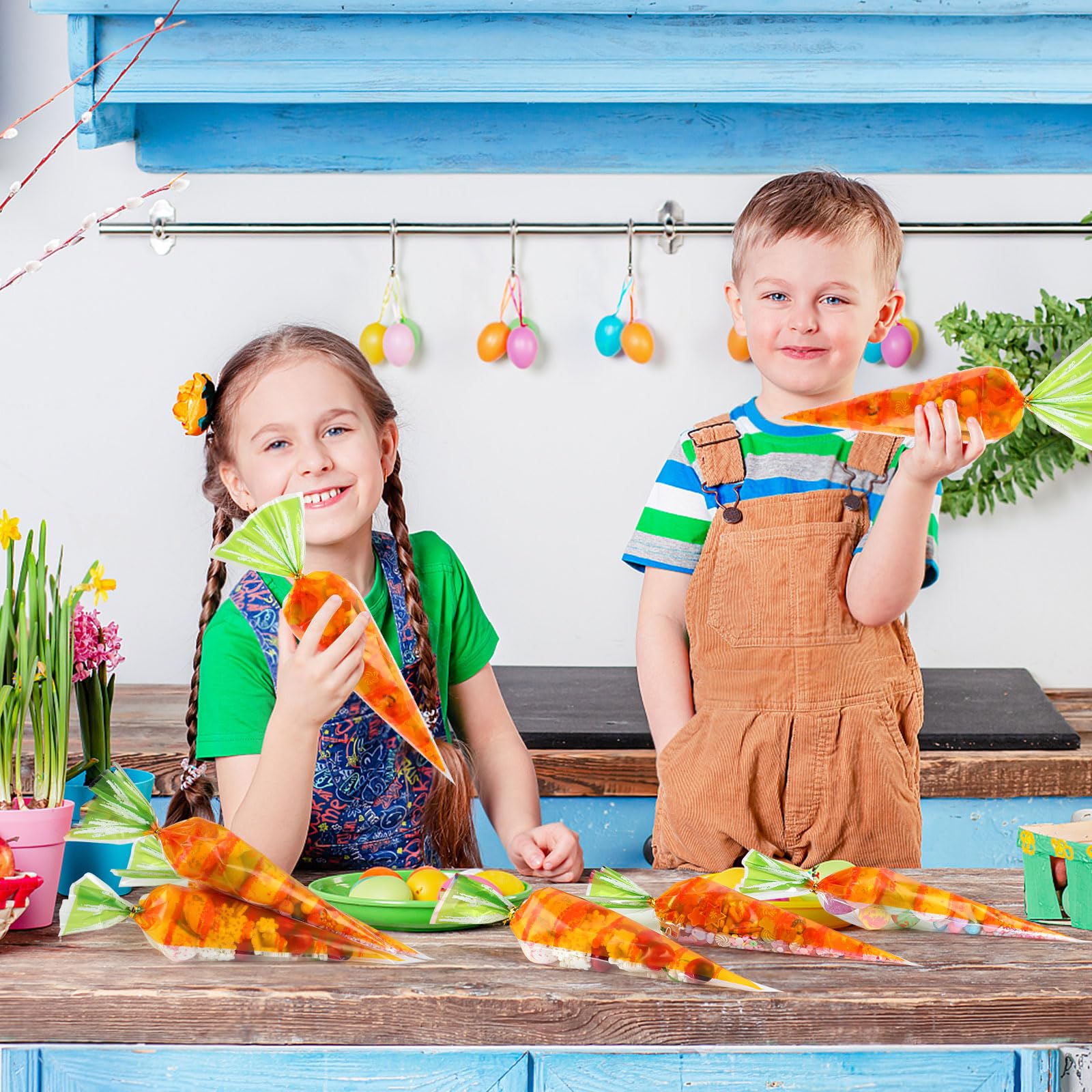 CCINEE 100 Pcs Easter Carrot Shaped Candy Bags - Translucent Cone Treat Bags with Twist Ties for Easter Party Favors, Gift Wrapping & Home Decor | Perfect for Easter Egg Hunts, Classroom Treats & Spring Celebrations