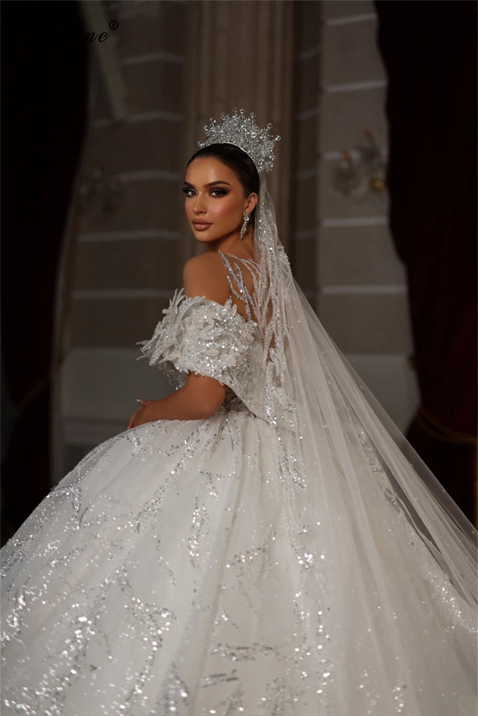 Sparkly Sequined A-Line Wedding Dress with Princess Chapel Train - Elegant Bridal Gown for Romantic Weddings & Formal Events