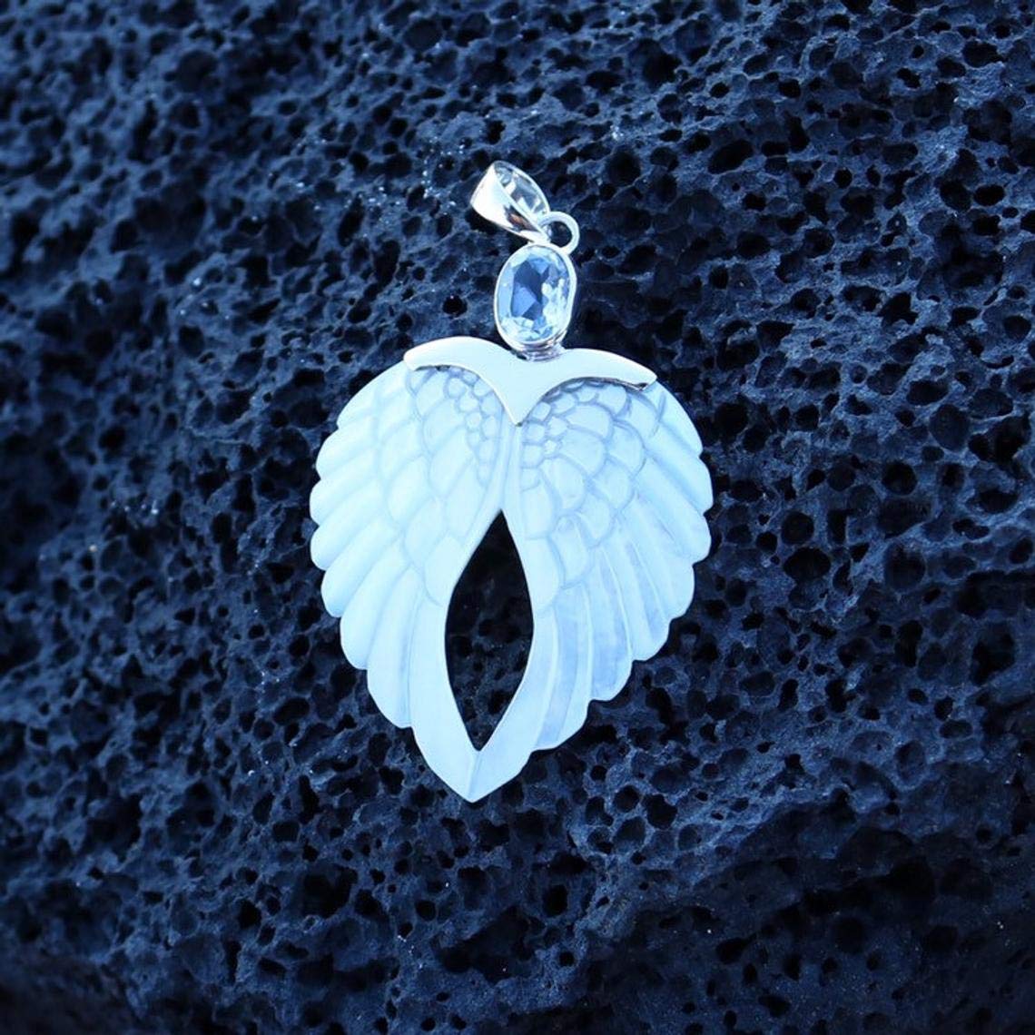 Angel Wings Heart Mother of Pearl Shell Necklace with Blue Topaz Pendant - Sterling Silver Jewelry for Women, Gift for Mom, Birthday, Anniversary & Special Occasions