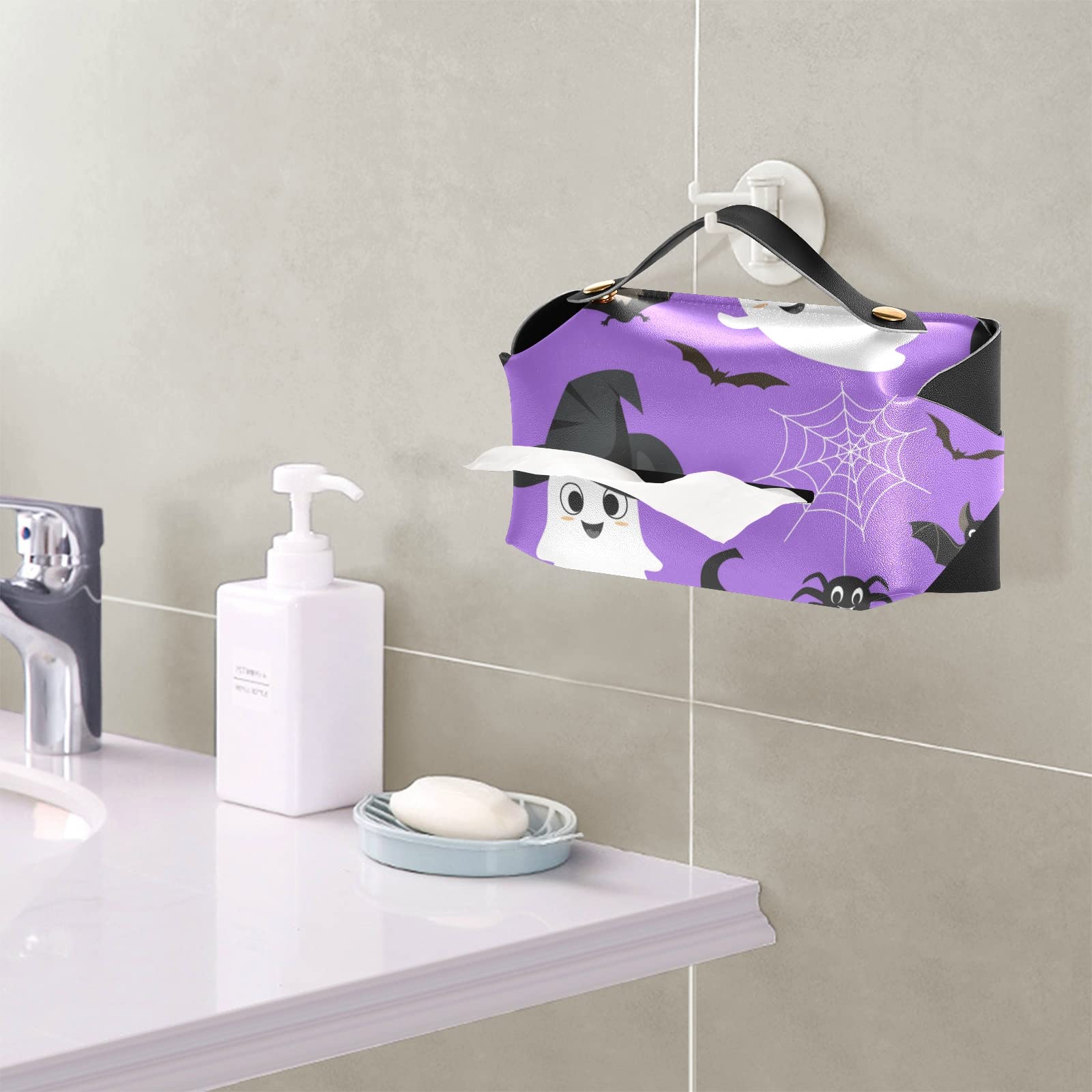 Halloween Tissue Box Cover - Purple Rectangle Leather with Pumpkins, Bats, Spider Web & White Ghosts - 9.4x5.1x3.6 Inch - Perfect for Bathroom, Home, Nightstand, Vanity, Office Desk & Car Decor