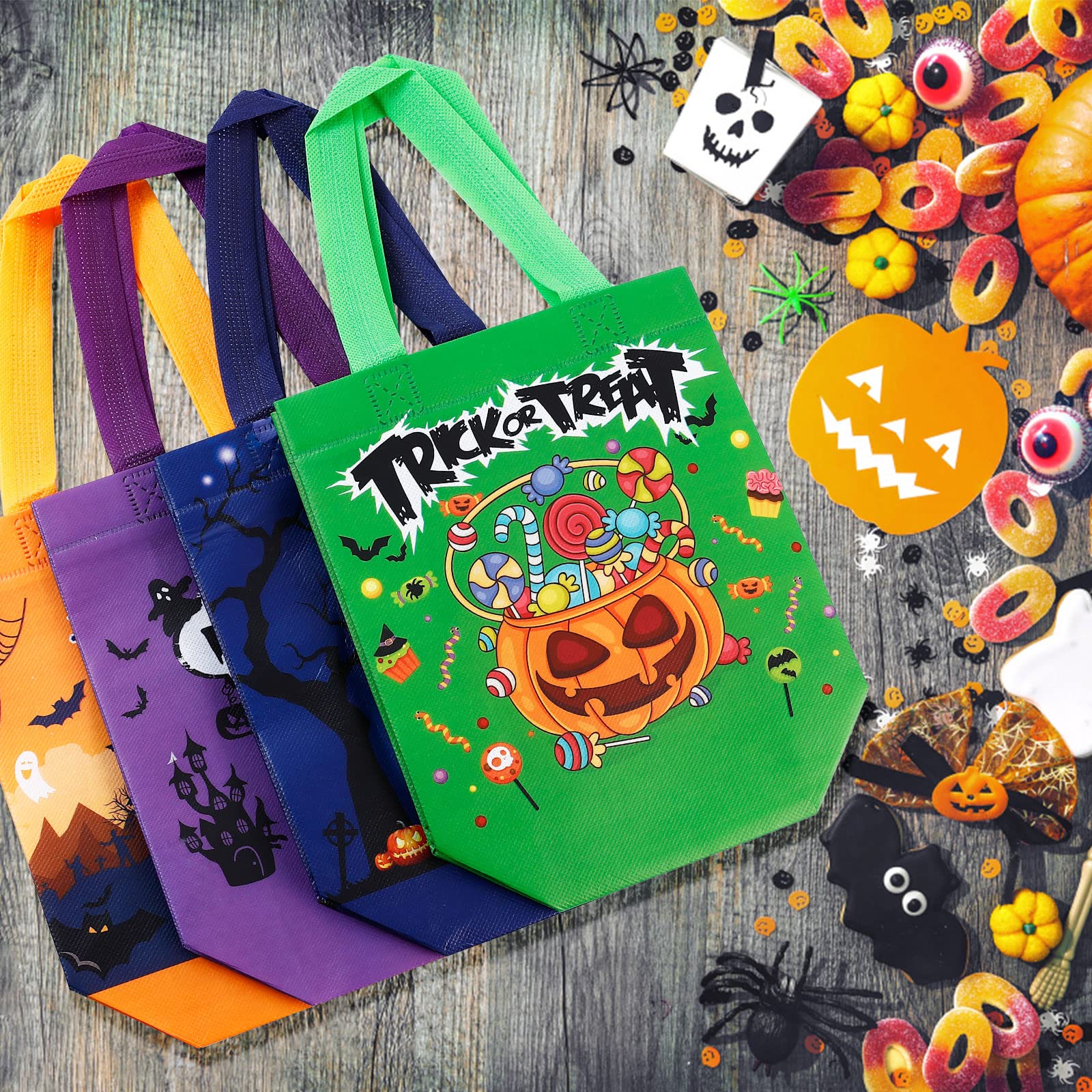 16 Pack Reusable Halloween Trick or Treat Bags with Handles - Cute Halloween Party Favor Bags for Kids, Candy Collection & Gift Giving - Perfect for Trick-or-Treating, Classroom Parties & Halloween Events