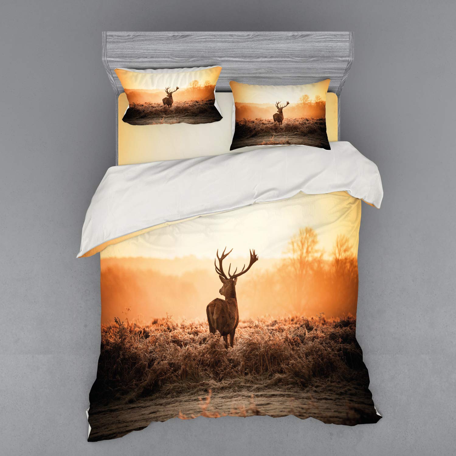 Ambesonne Hunting Theme 4-Piece Queen Bedding Set - Red Deer in Morning Sun Wilderness Nature Scenery Duvet Cover with Shams & Fitted Sheet, Brown Orange - Perfect for Cabin, Lodge & Outdoor Enthusiast Bedrooms