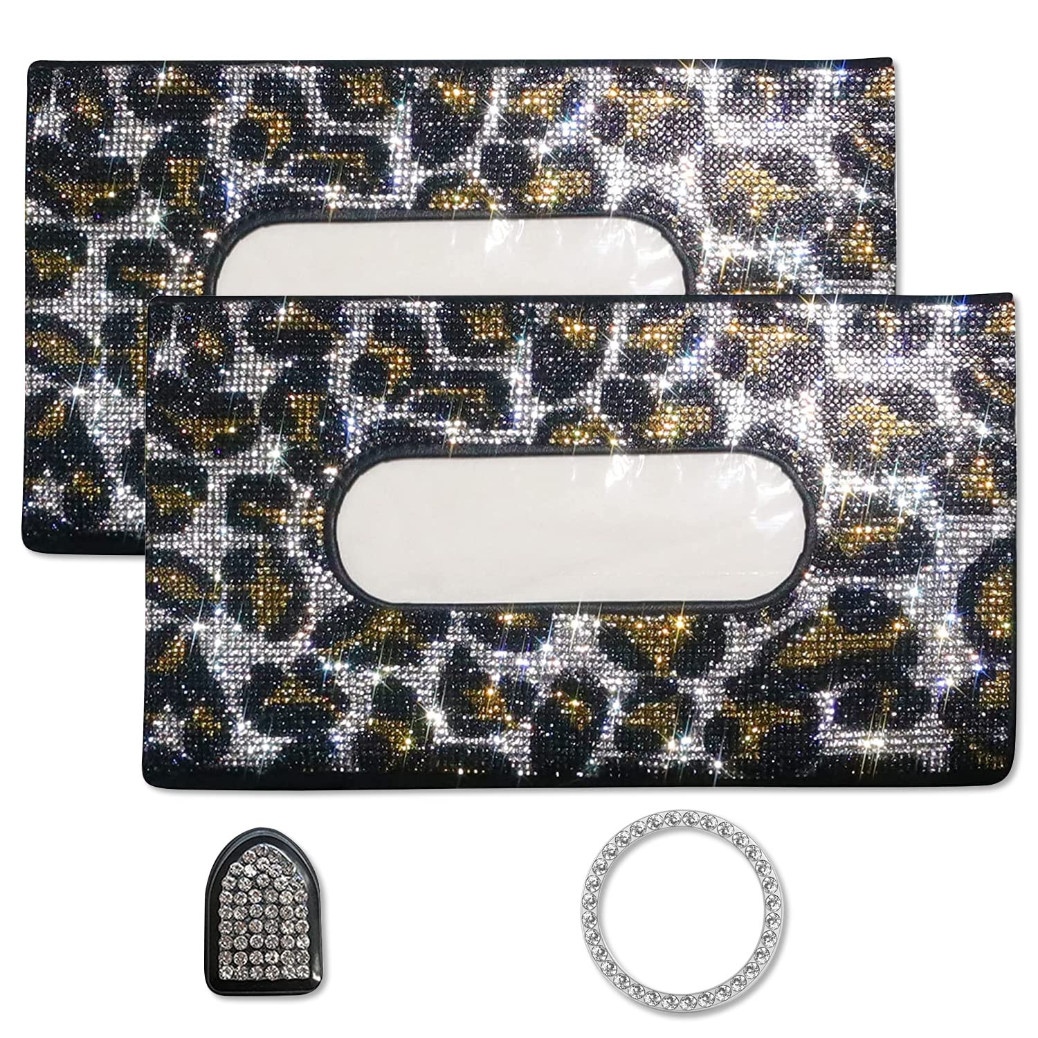Bling Diamond Glitter Car Mask Holder - 2 Pack Brown Leopard Visor Tissue Case & Napkin Cover | Interior Accessories for Car Organization & Decoration | Perfect for Tissue Storage, Mask Hanging & Vehicle Decoration