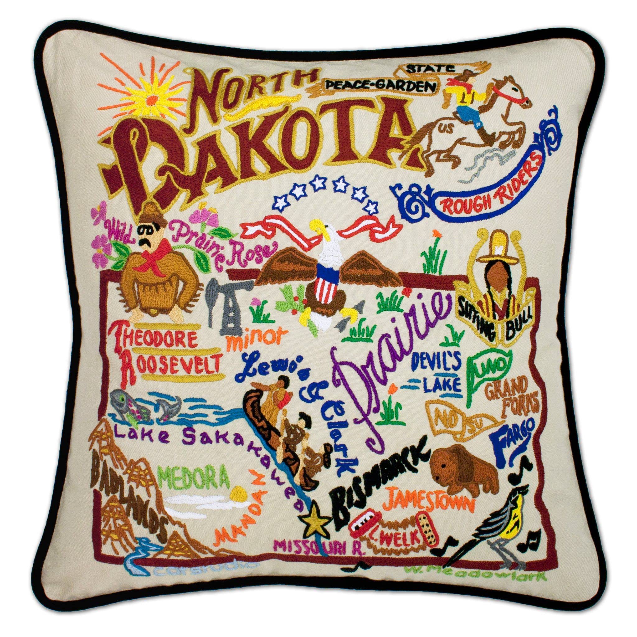 Catstudio North Dakota Embroidered Decorative Throw Pillow - 18x18 Inch Soft Cotton Cushion Cover with State Motif for Sofa, Bed & Home Decor