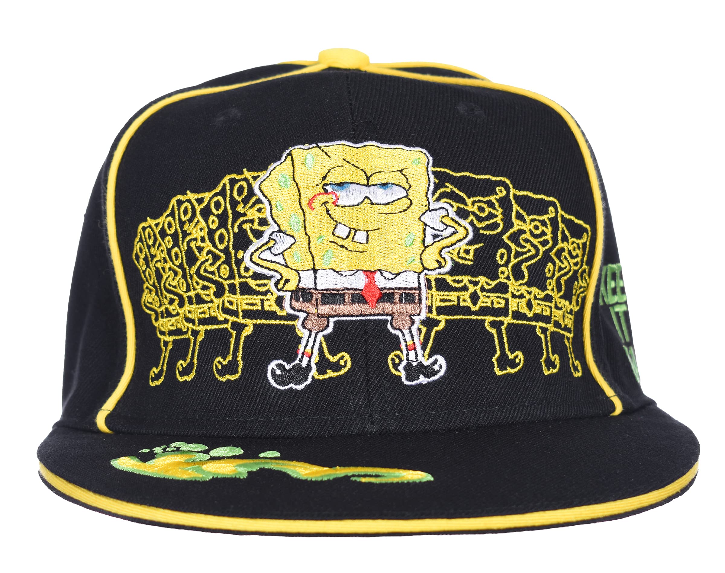 Spongebob Squarepants Flat Brim Fitted Hat - 6 Size Options for Adults & Kids | Cartoon Character Baseball Cap for Cosplay, Halloween Costume & Anime Fan Collection