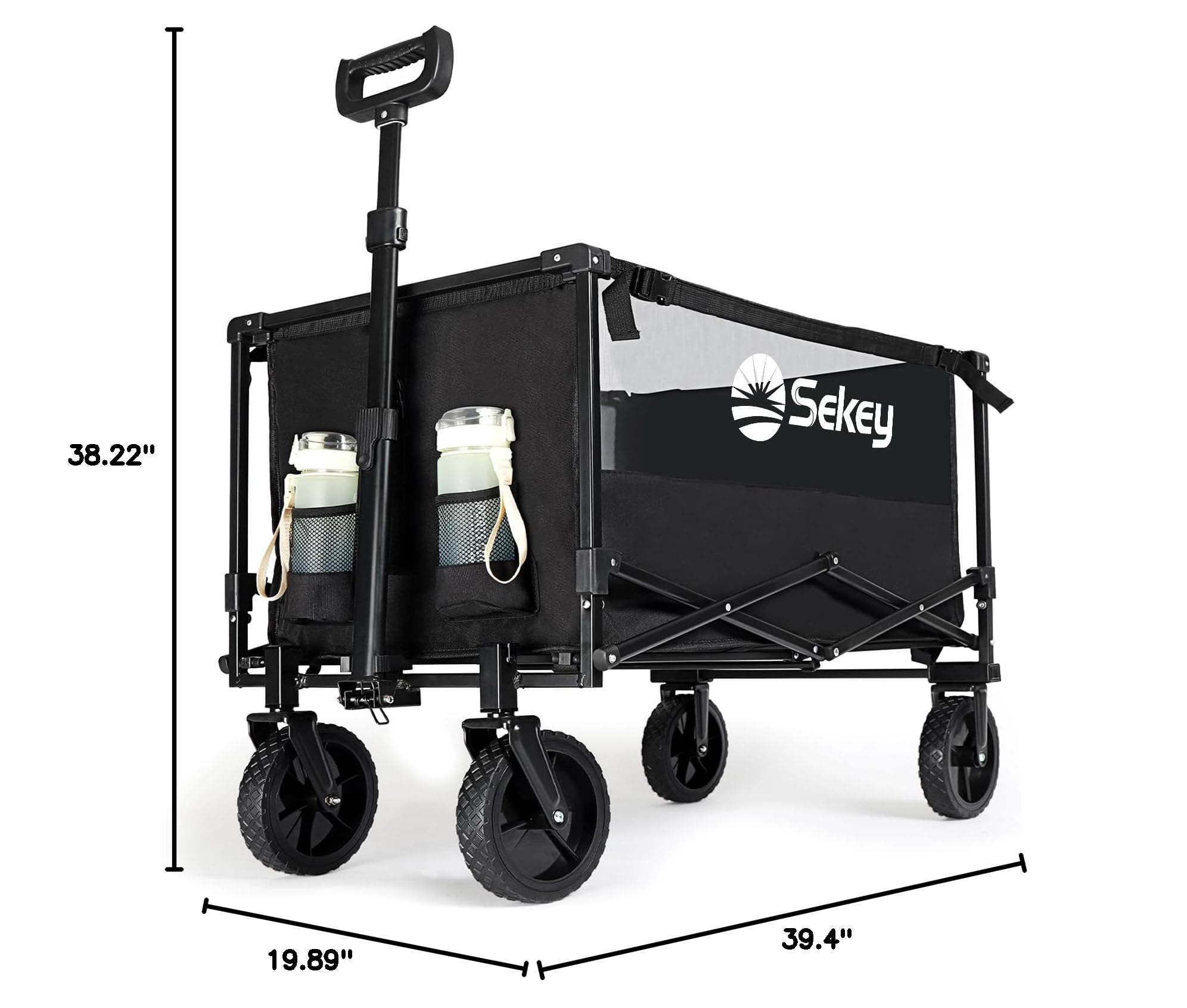 Sekey Heavy Duty Collapsible Folding Wagon Cart - 330lbs Capacity, All-Terrain Wheels for Beach, Garden & Outdoor Use with Drink Holders - Black | Perfect for Picnics, Camping, Grocery Shopping & Tailgating