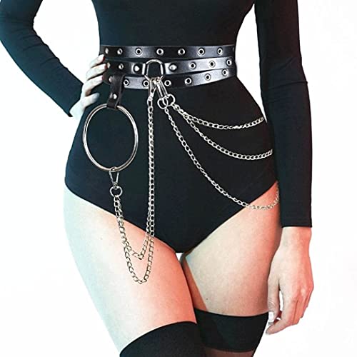 Evil Punk Leather Waist Chain - Black Large Adjustable Gothic Body Belt for Women & Girls - Perfect for Rave Parties, Music Festivals, Layered Belly Jewelry & Gothic Fashion Accessories