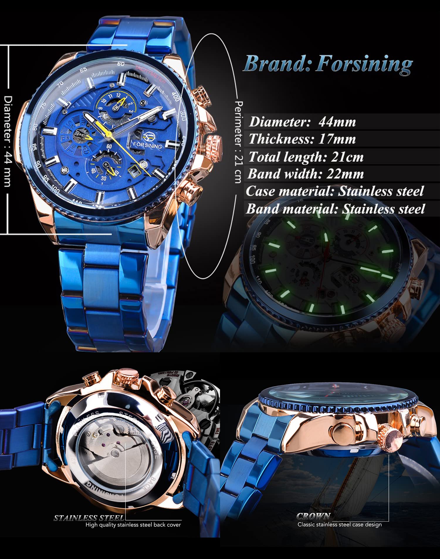 FORSINING Men's Automatic Self-Winding Mechanical Watch - Luxury Stainless Steel Case with Large Dial, Date, Month, Day, Stopwatch & Tachymeter - Perfect for Business, Formal Events & Everyday Wear