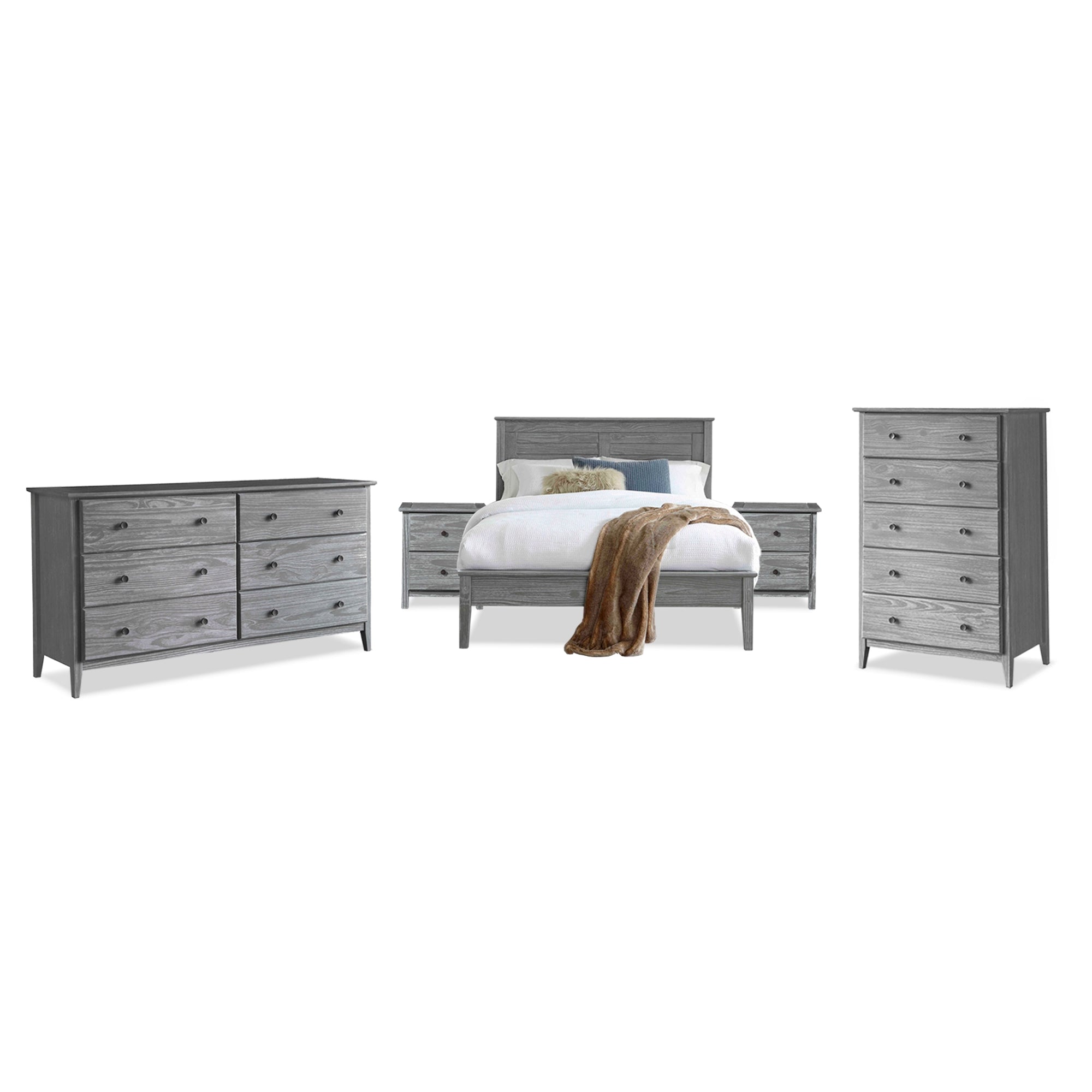 Greenport 5-Piece Bedroom Set - Queen Size Bed Frame, Nightstand, Dresser & Mirror - Modern Farmhouse Furniture for Master Bedroom or Guest Room