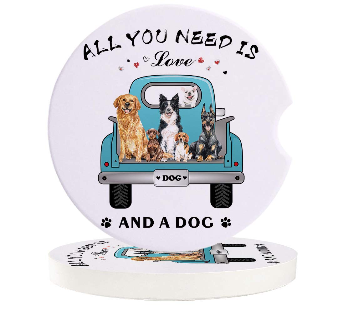 Golden Retriever & Bulldog Ceramic Car Coasters - 2 Pack Absorbent Cup Holder Mats with Finger Notch for Easy Removal | Cute Dog-Themed Car Accessories for Pet Lovers | Perfect for Coffee, Drinks & Vehicle Organization
