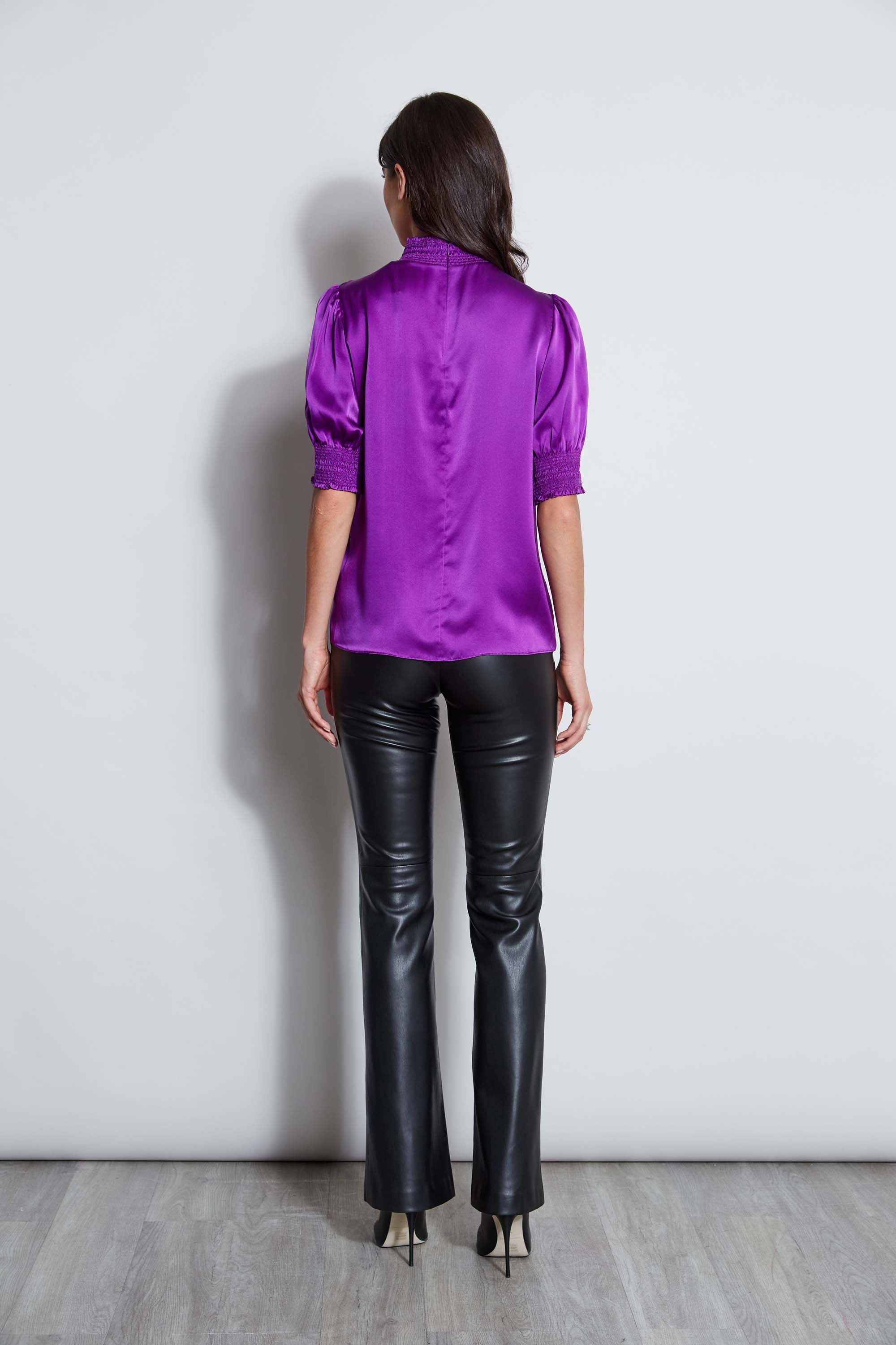 Women's Short Sleeve Silk Satin Smocked Blouse - Elegant Casual & Office Wear for Summer