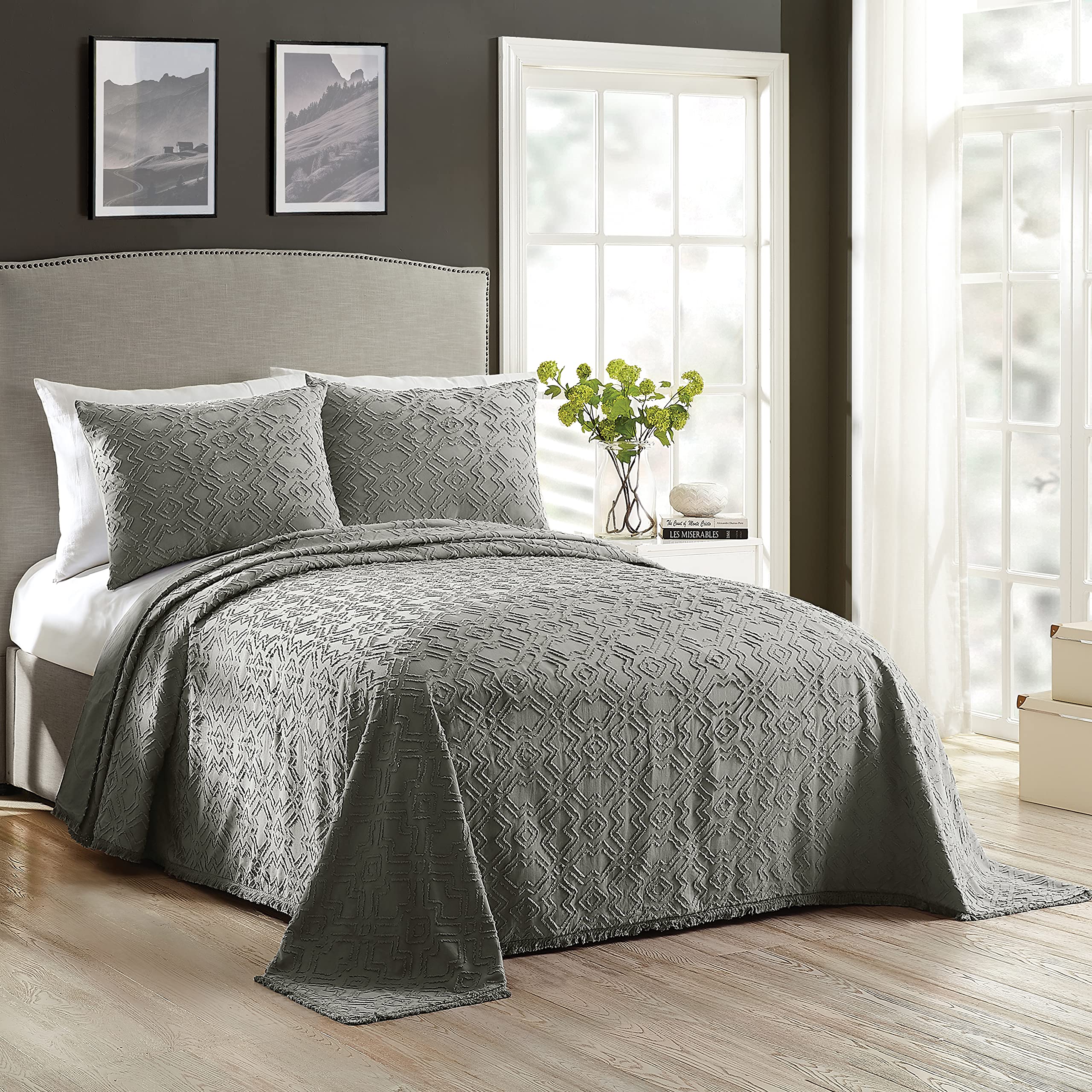 Laurel & Mayfair Avah Cotton Bedspread - Queen Size Grey Bedding for Master Bedroom, Guest Room & Dorm Decor