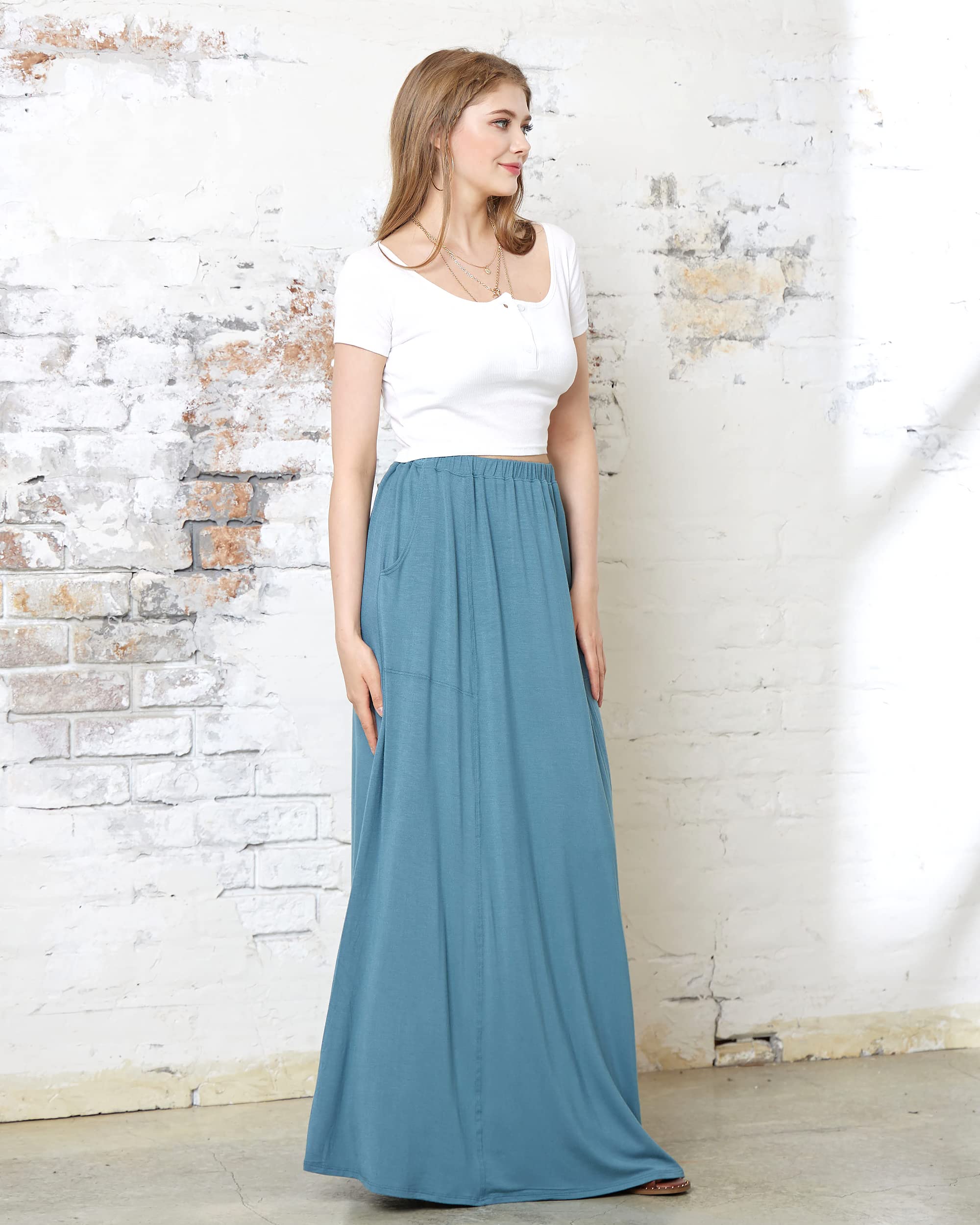 Noflik Women's High Waisted Elastic Boho Maxi Skirt with Side Slits & Pockets - Flowy Long Skirt for Beach, Vacation & Casual Wear