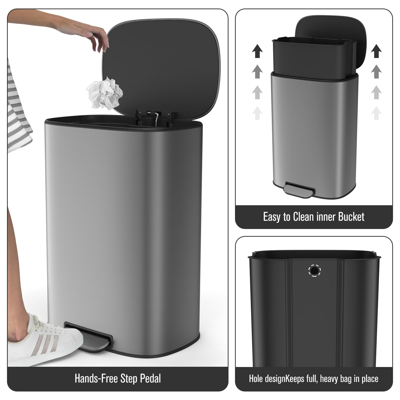 13 Gallon Stainless Steel Trash Can with Lid - Metal Foot Pedal, Quiet Soft Close, Includes 30 Garbage Bags - Perfect for Kitchen, Office, Living Room, Bathroom & Commercial Use