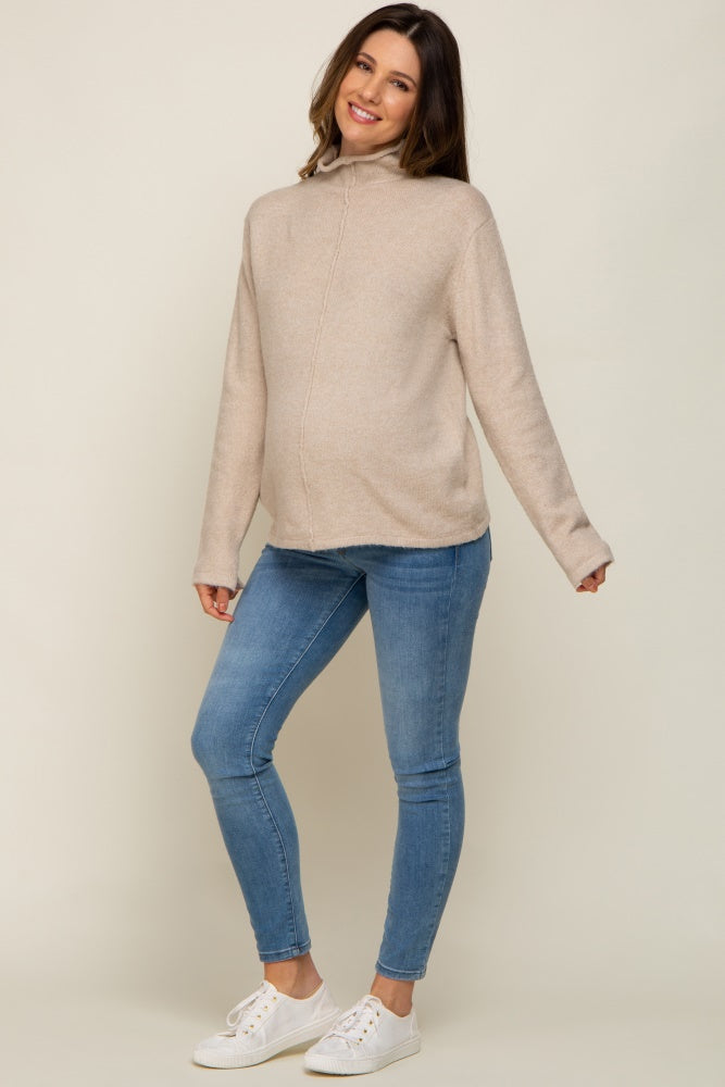 Beige Ultra Soft Mock Neck Maternity Sweater for Pregnant Women - Cozy Winter Pregnancy Top for Nursing & Everyday Wear