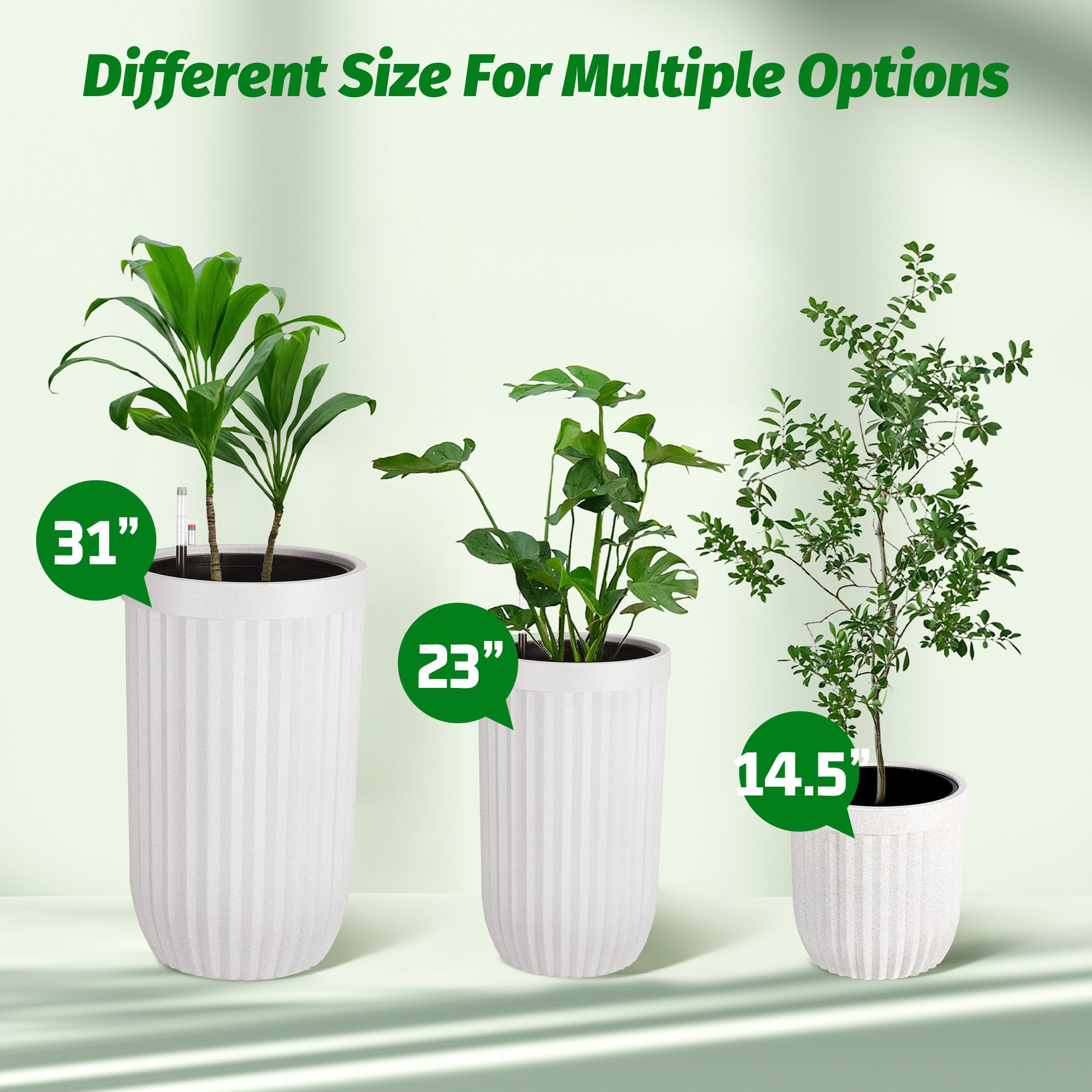 GARVEE 14.5 Inch Self Watering Planters - Set of 2 Modern Flower Pots with Water Level Indicator & Hidden Wheels, Perfect for Indoor Outdoor Decor - Living Room, Bedroom, Office, Patio, Porch, Garden - White