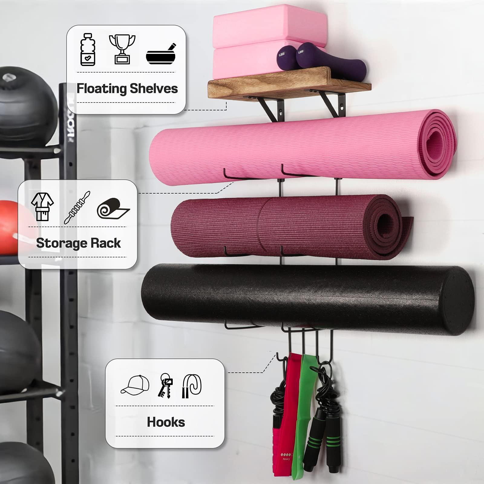 Bikoney Wall Mount Yoga Mat Holder with Wood Floating Shelves & 4 Hooks - Yoga Mat Storage Organizer for Foam Roller, Resistance Bands & Home Gym Accessories (Carbonized Black) - Perfect for Yoga Studios, Home Gyms & Small Space Organization