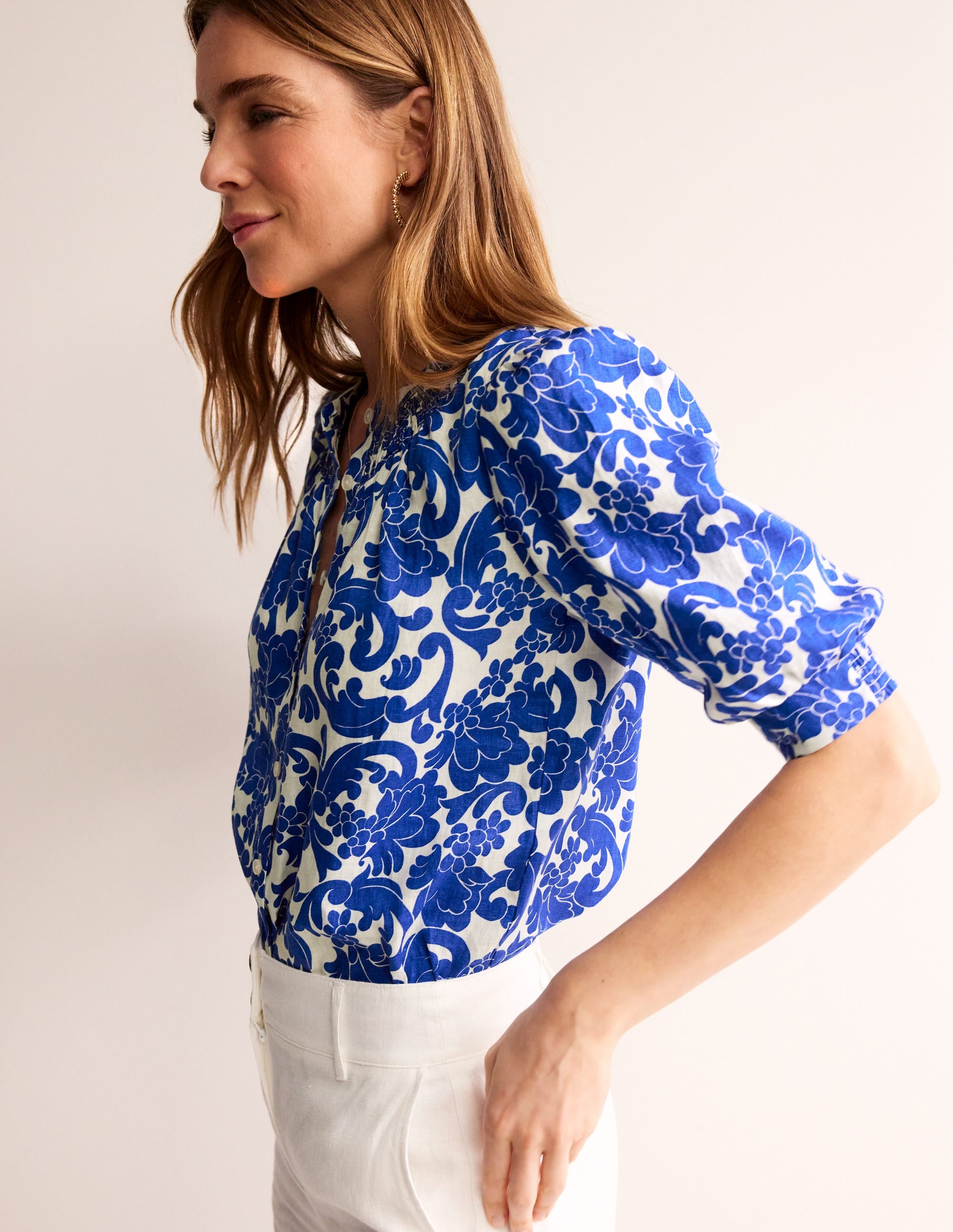 Ada Linen Top for Women - Elegant Surf the Web Design - Luxury Whirl Pattern - Perfect for Beach Vacations & Summer Outings